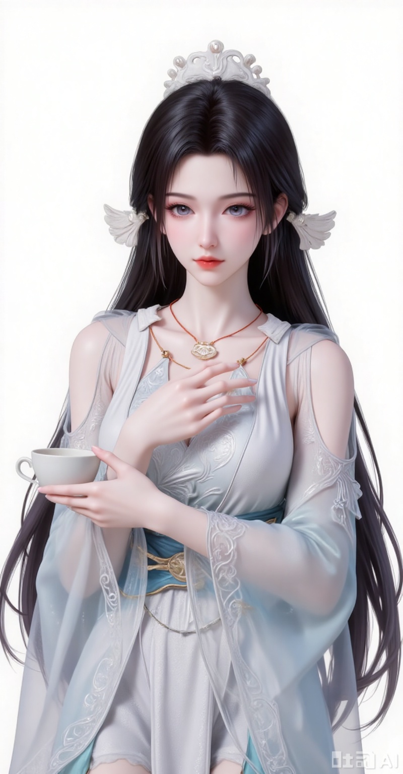 1girl, solo, long hair, black hair, hair ornament, dress, holding, jewelry, upper body, necklace, white dress, cup, holding cup, realistic, sakazuki,
songyu,guanghuapifu,pifu,lvjing