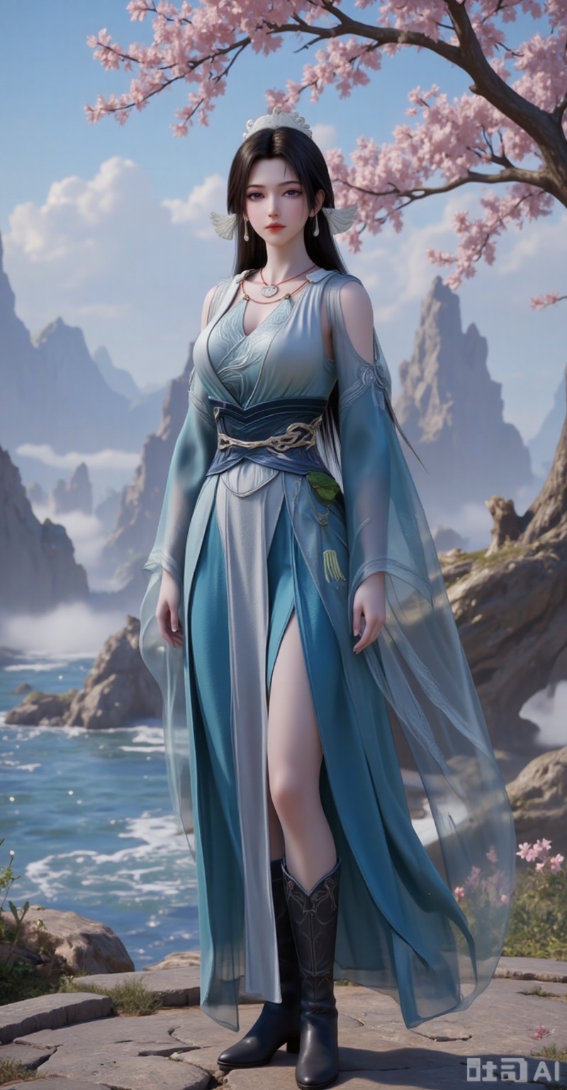 1girl, solo, long hair, looking at viewer, brown hair, black hair, hair ornament, dress, jewelry, earrings, necklace, sash, blue dress, tassel,full body,shoes,boots,black boots,water,flowers,mountain,
burry_background,
songyu,guanghuapifu,pifu,lvjing