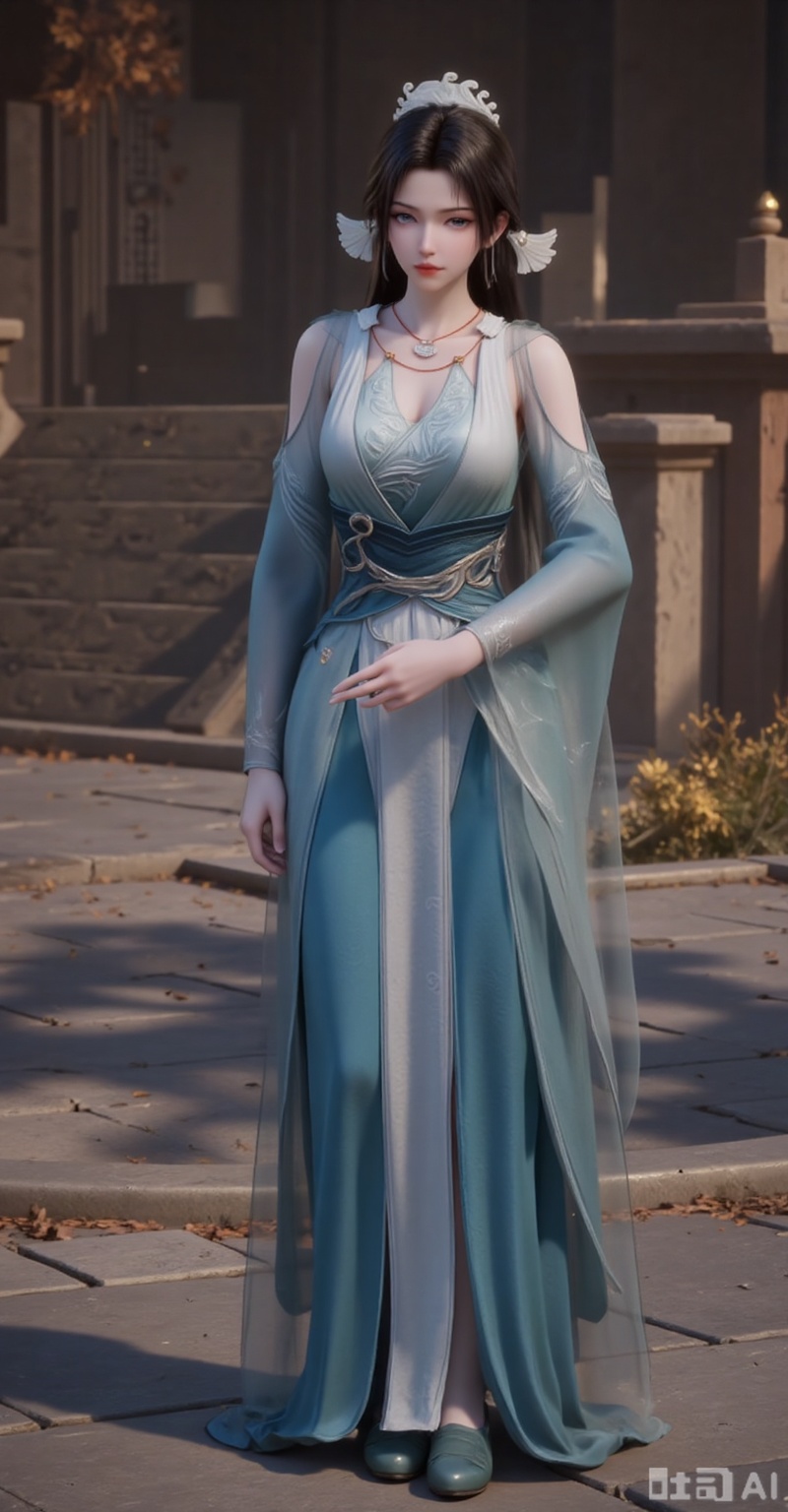 1girl, solo, long hair, looking at viewer, brown hair, black hair, hair ornament, dress, jewelry, earrings, necklace, sash, blue dress, tassel, stairs,full body,shoes,
songyu,guanghuapifu,pifu,lvjing