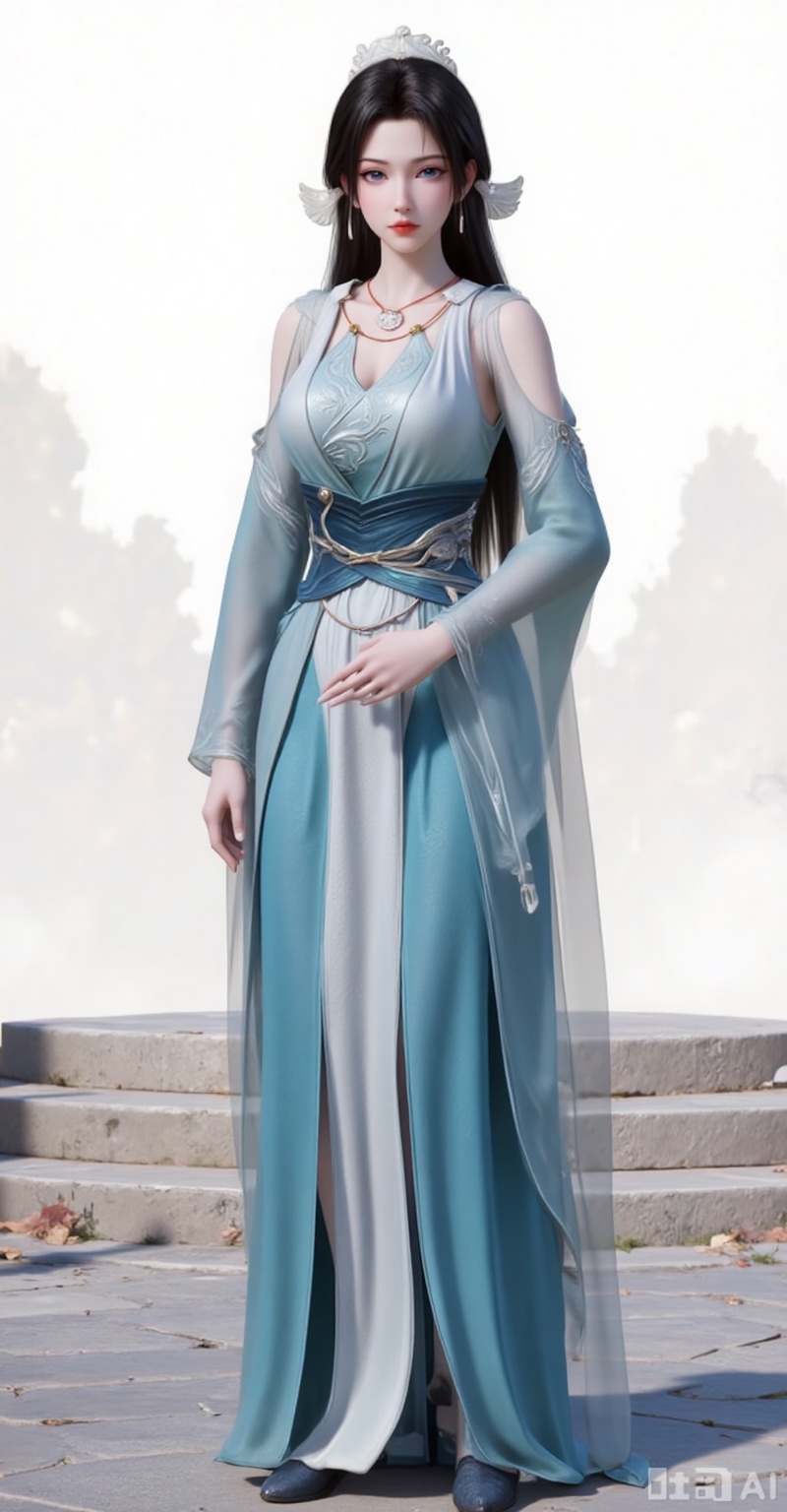 1girl, solo, long hair, looking at viewer, brown hair, black hair, hair ornament, dress, jewelry, earrings, necklace, sash, blue dress, tassel, stairs,full body,shoes,
white_background,
songyu,guanghuapifu,pifu,lvjing