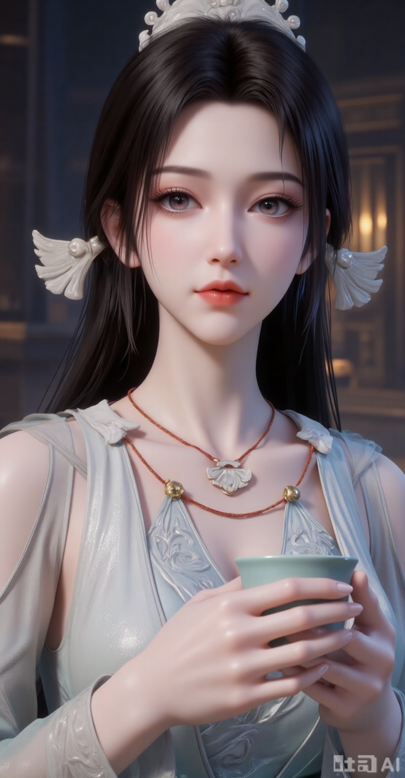 1girl, solo, long hair, black hair, hair ornament, dress, holding, jewelry, upper body, necklace, white dress, cup, holding cup, realistic, sakazuki,
songyu,guanghuapifu,pifu,lvjing
