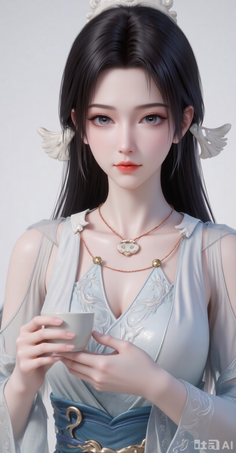 1girl, solo, long hair, black hair, hair ornament, dress, holding, jewelry, upper body, necklace, white dress, cup, holding cup, realistic, sakazuki,
songyu,guanghuapifu,pifu,lvjing