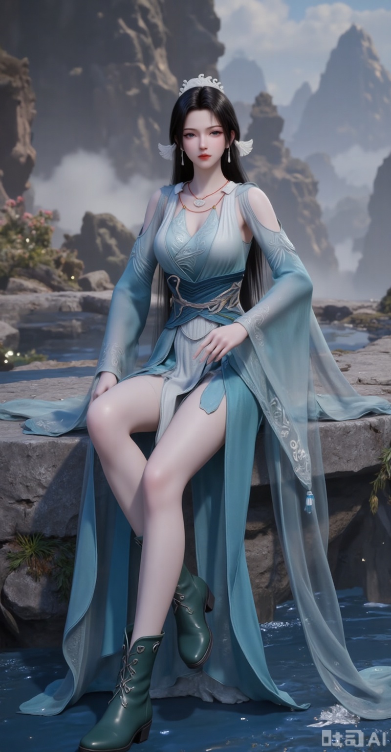 1girl, solo, long hair, looking at viewer, brown hair, black hair, hair ornament, dress, jewelry, earrings, necklace, sash, blue dress, tassel,full body,shoes,boots,green boots,water,flowers,mountain,stone,sitting,
burry_background,
songyu,guanghuapifu,pifu,lvjing