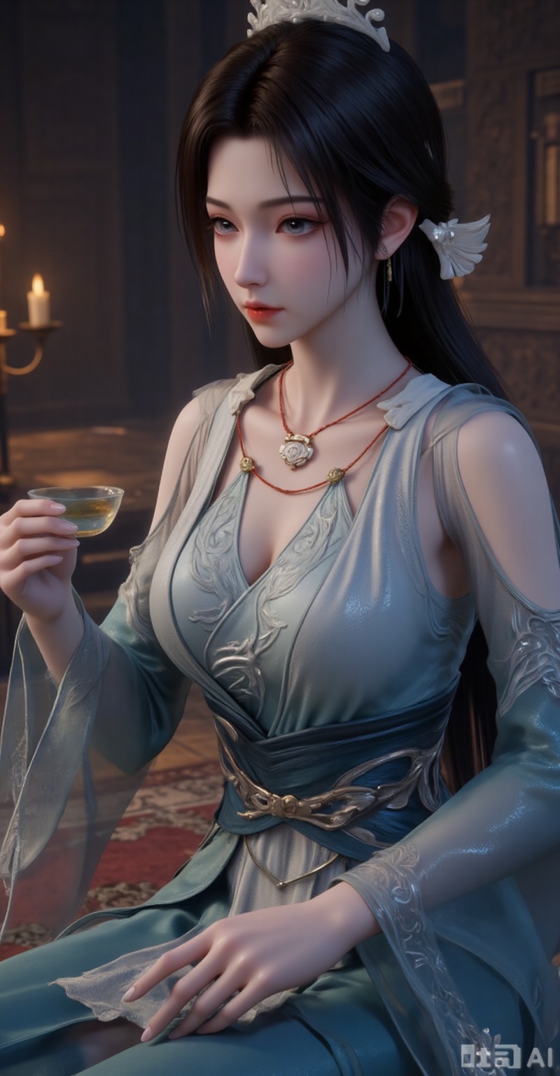 1girl, solo, long hair, black hair, hair ornament, dress, jewelry, sitting, upper body, flower, indoors, necklace, blue dress, chinese clothes, instrument, playing instrument, carpet,
songyu,guanghuapifu,pifu,lvjing