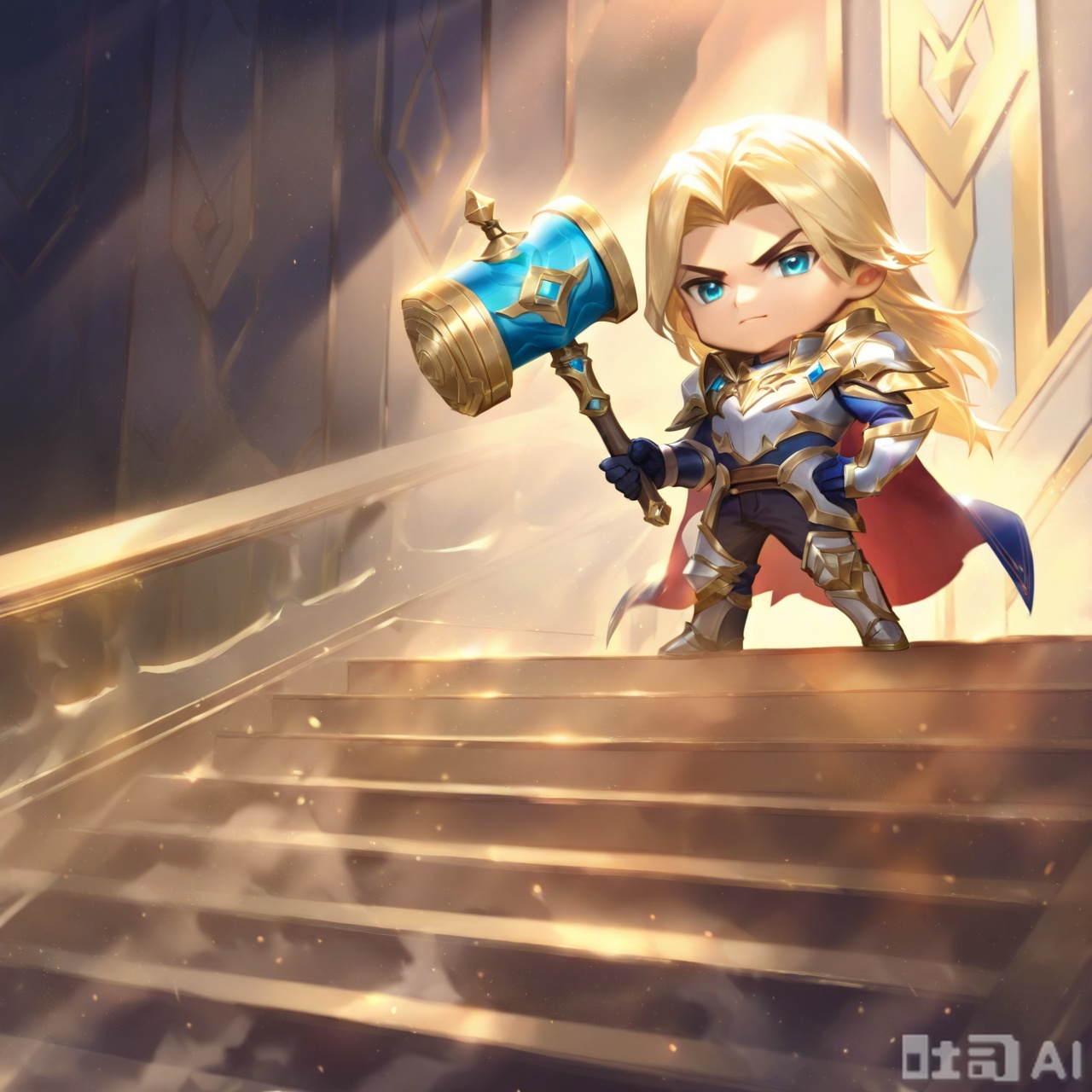 solo, long hair, blonde hair, gloves, 1boy, weapon, male focus, boots, cape, armor, stairs, armored boots, hammer,Chibi Spirit