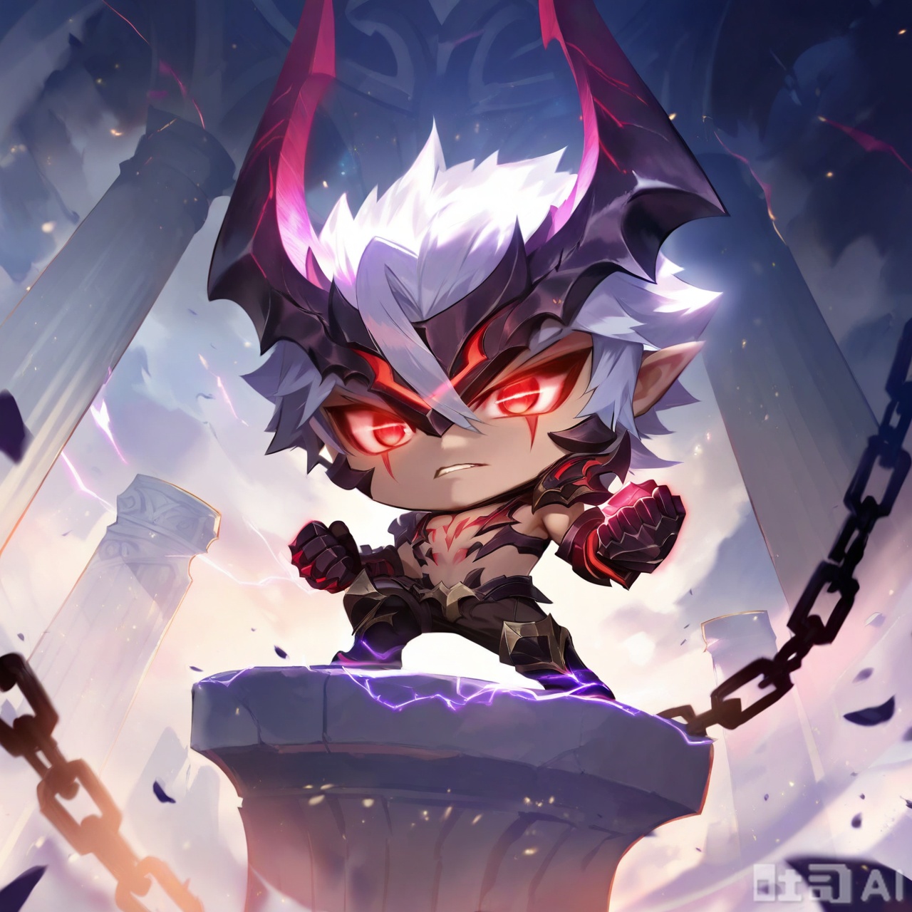 solo, red eyes, 1boy, white hair, male focus, horns, armor, glowing, chain, shoulder armor, clenched hand, glowing eyes, pauldrons, pillar,Chibi Spirit