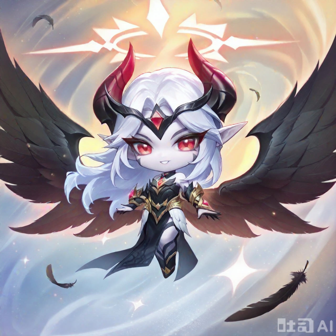 1girl, solo, long hair, looking at viewer, smile, red eyes, dress, jewelry, white hair, wings, horns, pointy ears, bracelet, colored skin, halo, feathers, gauntlets, pale skin, feathered wings, black wings, duel monster,Chibi Spirit