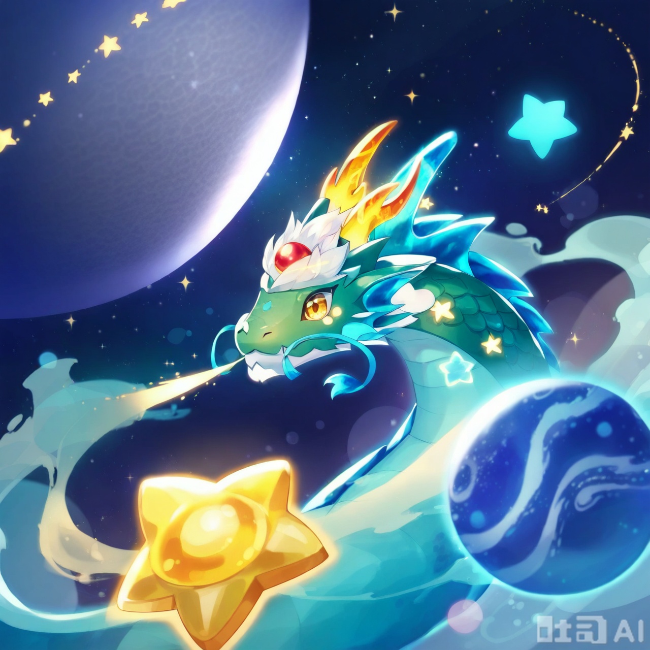 yellow eyes, horns, star \(symbol\), cup, no humans, star \(sky\), smoke, dragon horns, dragon, scales, space, planet, eastern dragon, breathing fire,Chibi Spirit