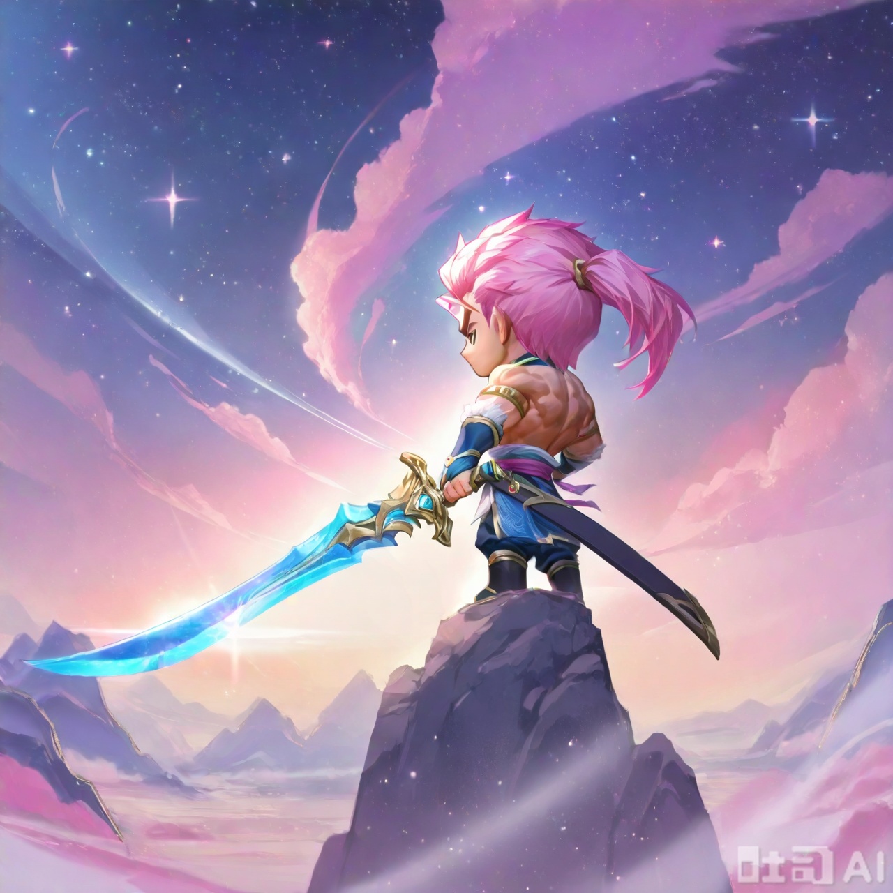 1boy, solo, long hair, holding, standing, full body, ponytail, weapon, pink hair, boots, sky, sword, from star river, holding weapon, back, holding sword, star \(sky\), armlet,pink cloud,cloud clothes,Chinese clothes,muscle male,Chibi Spirit