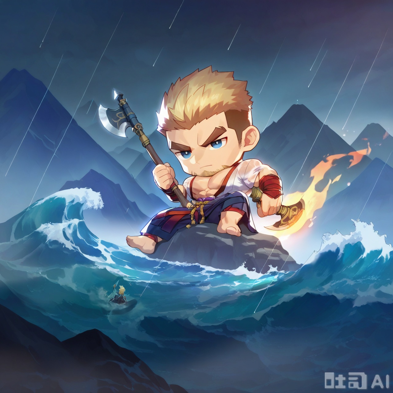 short hair, blonde hair, holding, sitting, weapon, male focus, japanese clothes, multiple boys, barefoot, water, holding weapon, muscular, facial hair, abs, fire, pectorals, muscular male, bara, large pectorals, rain, mountain, axe, giant, bare pectorals, waves, holding axe,Chibi Spirit