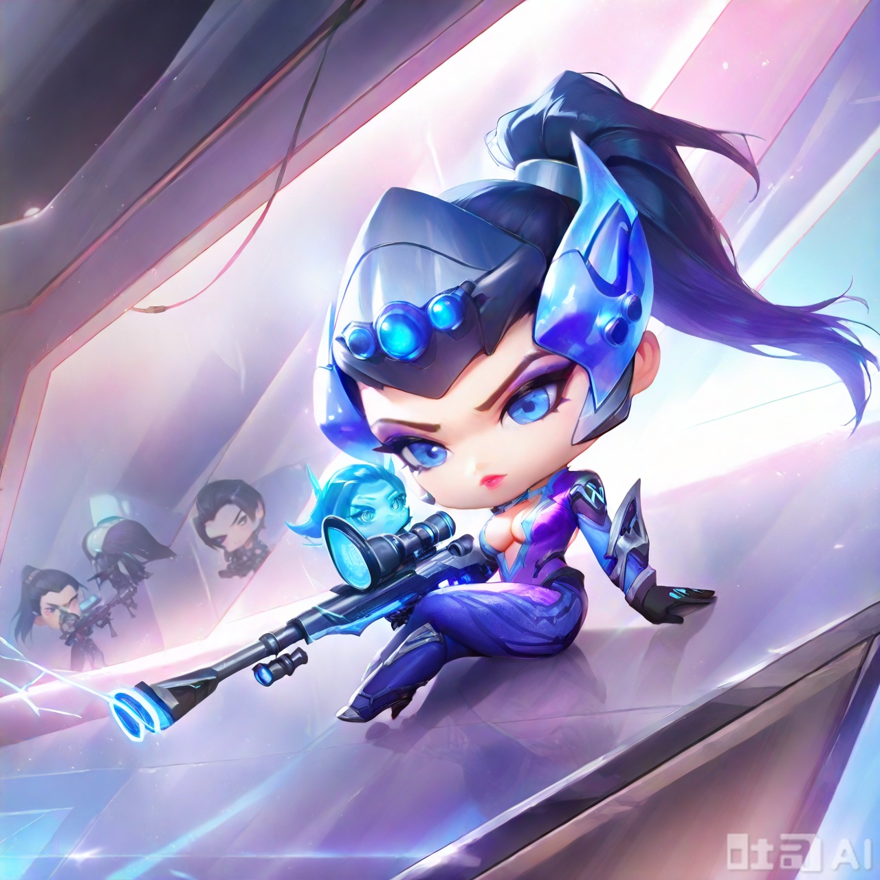 1girl, long hair, breasts, multiple girls, large breasts, black hair, holding, 2girls, cleavage, sitting, ponytail, weapon, holding weapon, gun, bodysuit, makeup, lipstick, holding gun, rifle, center opening, sniper rifle, hair pulled back, head-mounted display, widowmaker \(overwatch\),Chibi Spirit