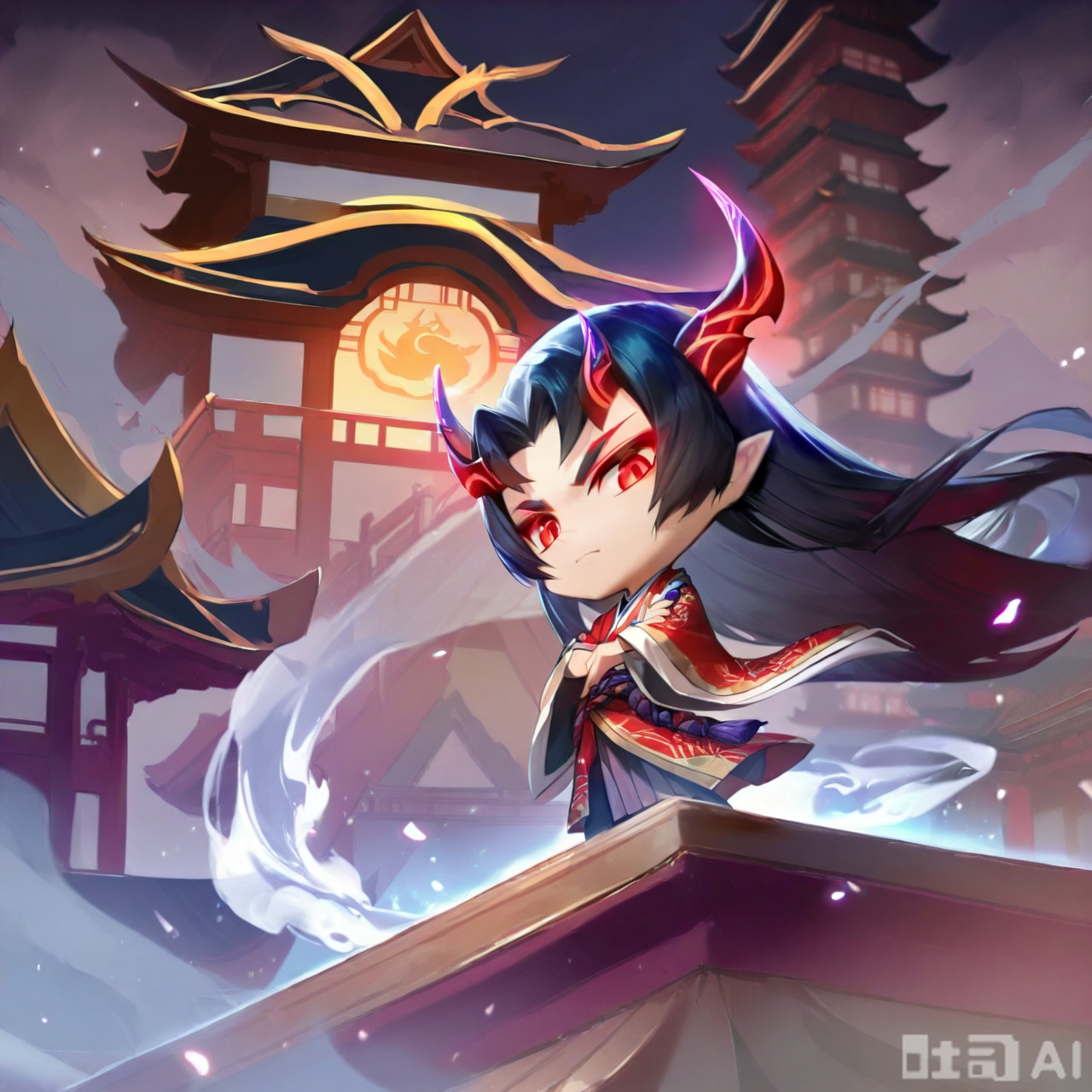 solo, long hair, looking at viewer, black hair, red eyes, long sleeves, 1boy, very long hair, closed mouth, standing, full body, male focus, multicolored hair, japanese clothes, horns, wide sleeves, kimono, glowing, chinese clothes, smoke, red kimono, architecture, east asian architecture,Chibi Spirit