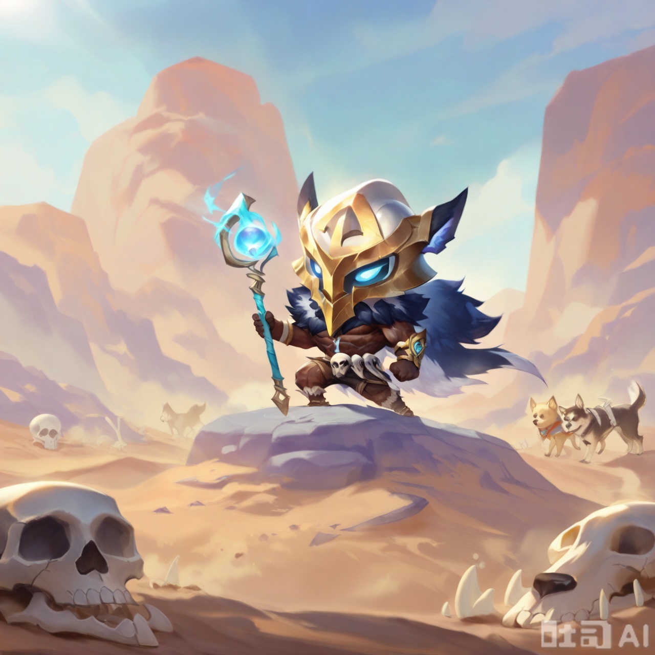 solo, 1boy, male focus, outdoors, sky, day, dark skin, muscular, animal, helmet, staff, skull, dog, bone, desert, animal skull,Chibi Spirit