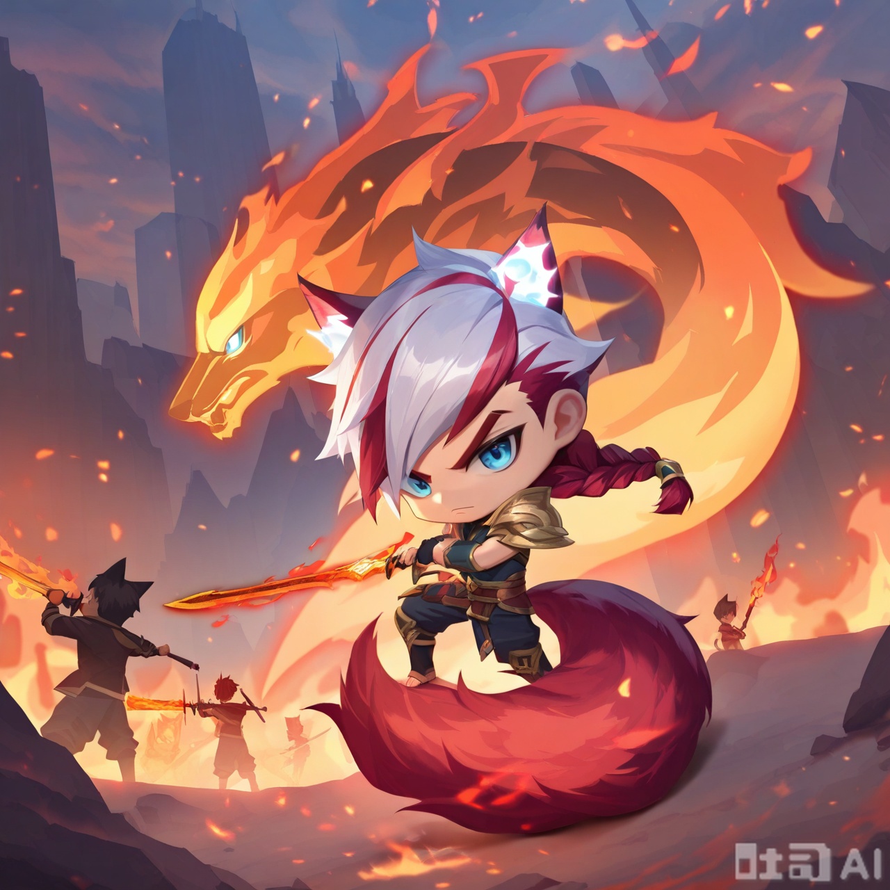 long hair, blue eyes, holding, animal ears, tail, weapon, braid, white hair, male focus, red hair, multiple boys, solo focus, sword, cat ears, holding weapon, holding sword, fire, flaming weapon, flaming sword,fire wolf,burning sword,Chibi Spirit