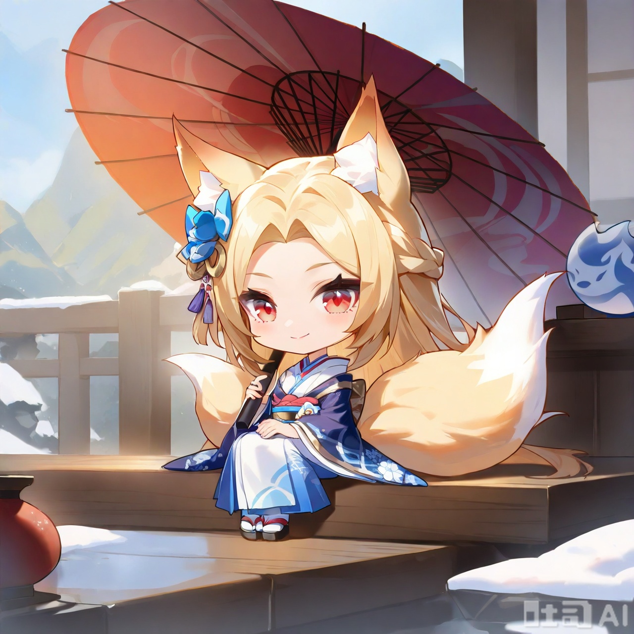 1girl, solo, long hair, looking at viewer, smile, bangs, skirt, blonde hair, hair ornament, red eyes, long sleeves, bow, holding, animal ears, sitting, very long hair, closed mouth, tail, full body, braid, japanese clothes, wide sleeves, kimono, animal ear fluff, sash, fox ears, fox tail, umbrella, obi, fox girl, hakama, hakama skirt, holding umbrella, tabi, oil-paper umbrella,Chibi Spirit