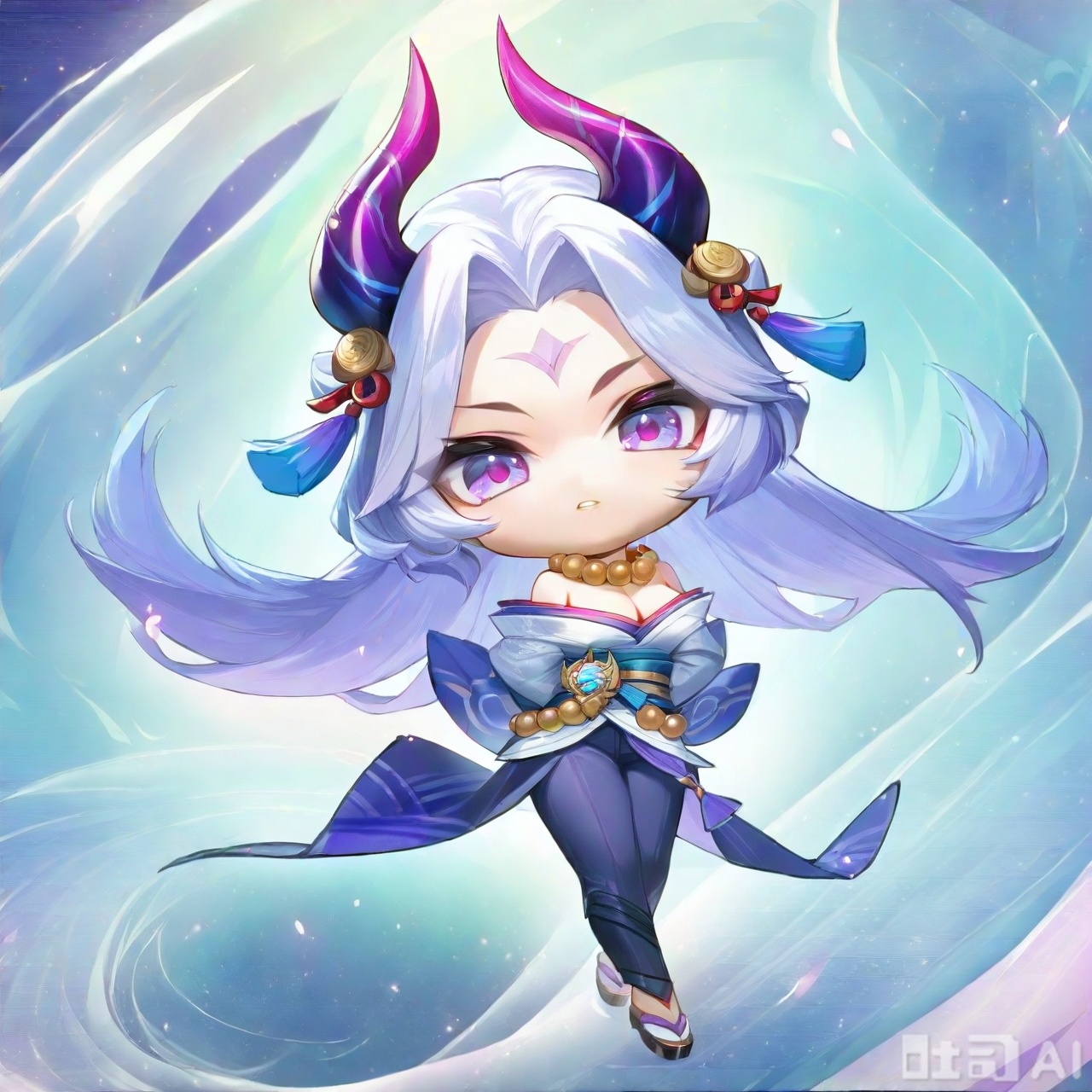 1girl, solo, long hair, breasts, looking at viewer, full body,bangs, hair ornament, cleavage, bare shoulders, jewelry, purple eyes, white hair, cowboy shot, parted lips, japanese clothes, horns, teeth, pants, kimono, necklace, sash, arms behind back, beads, bead necklace,Chibi Spirit