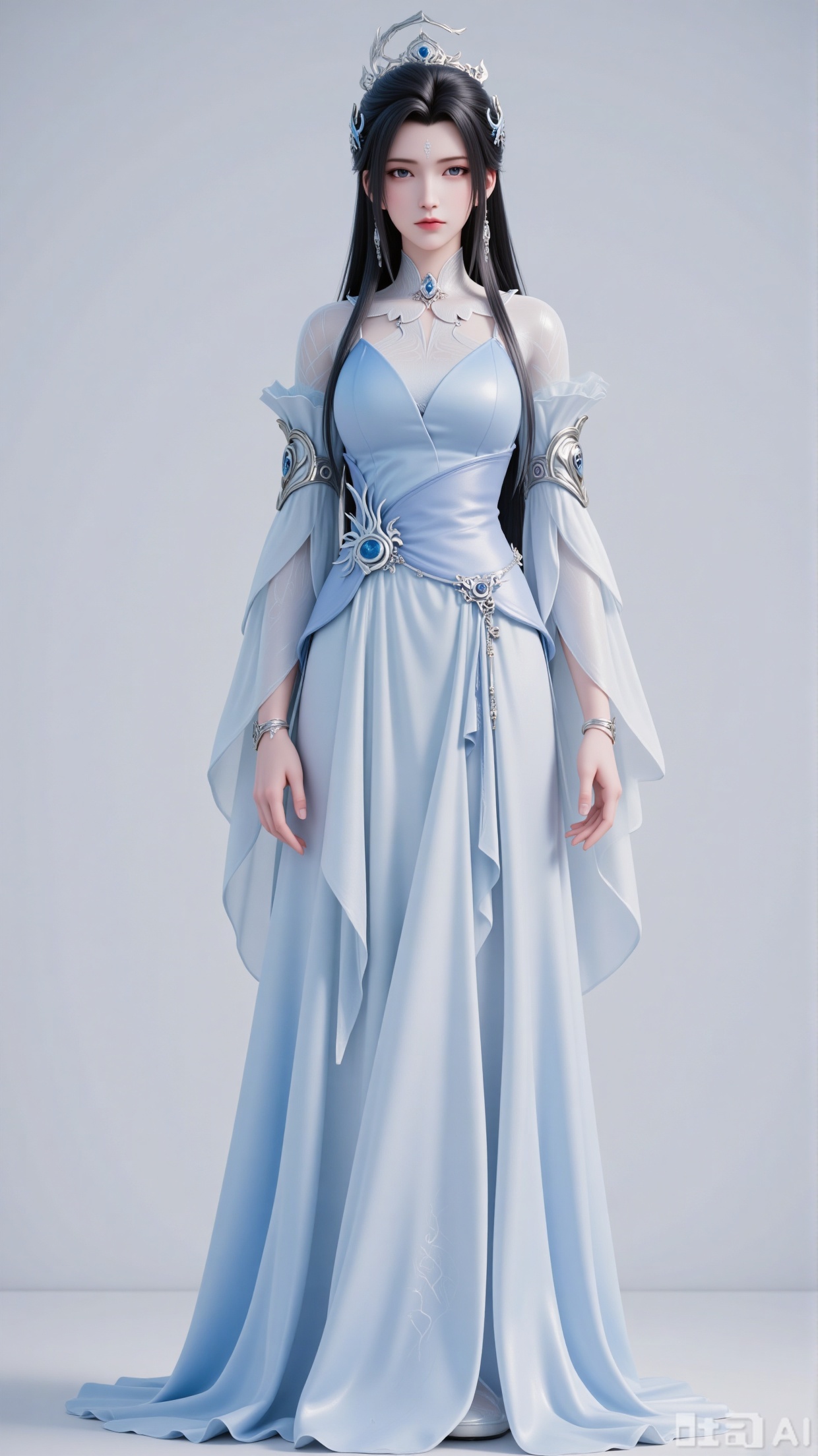 A female character in ancient fantasy and immortal style, wearing a light - blue gradient long dress with a cinched waist. She is matched with an exquisite silver hair crown, necklace, and arm ornaments. She has tulle sleeves, and her long black hair is adorned with simple hair accessories. With a cold and serene makeup look, a mark on the forehead, and deep - blue eyes, she is presented against a simple light - gray background, with a quiet and elegant posture.,3d_character_lxq