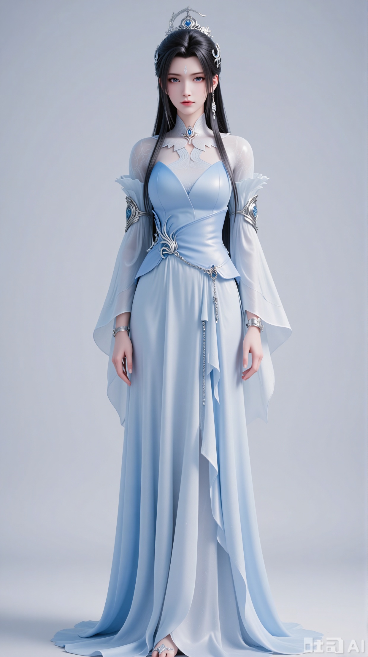 A female character in ancient fantasy and immortal style, wearing a light - blue gradient long dress with a cinched waist. She is matched with an exquisite silver hair crown, necklace, and arm ornaments. She has tulle sleeves, and her long black hair is adorned with simple hair accessories. With a cold and serene makeup look, a mark on the forehead, and deep - blue eyes, she is presented against a simple light - gray background, with a quiet and elegant posture.,3d_character_lxq