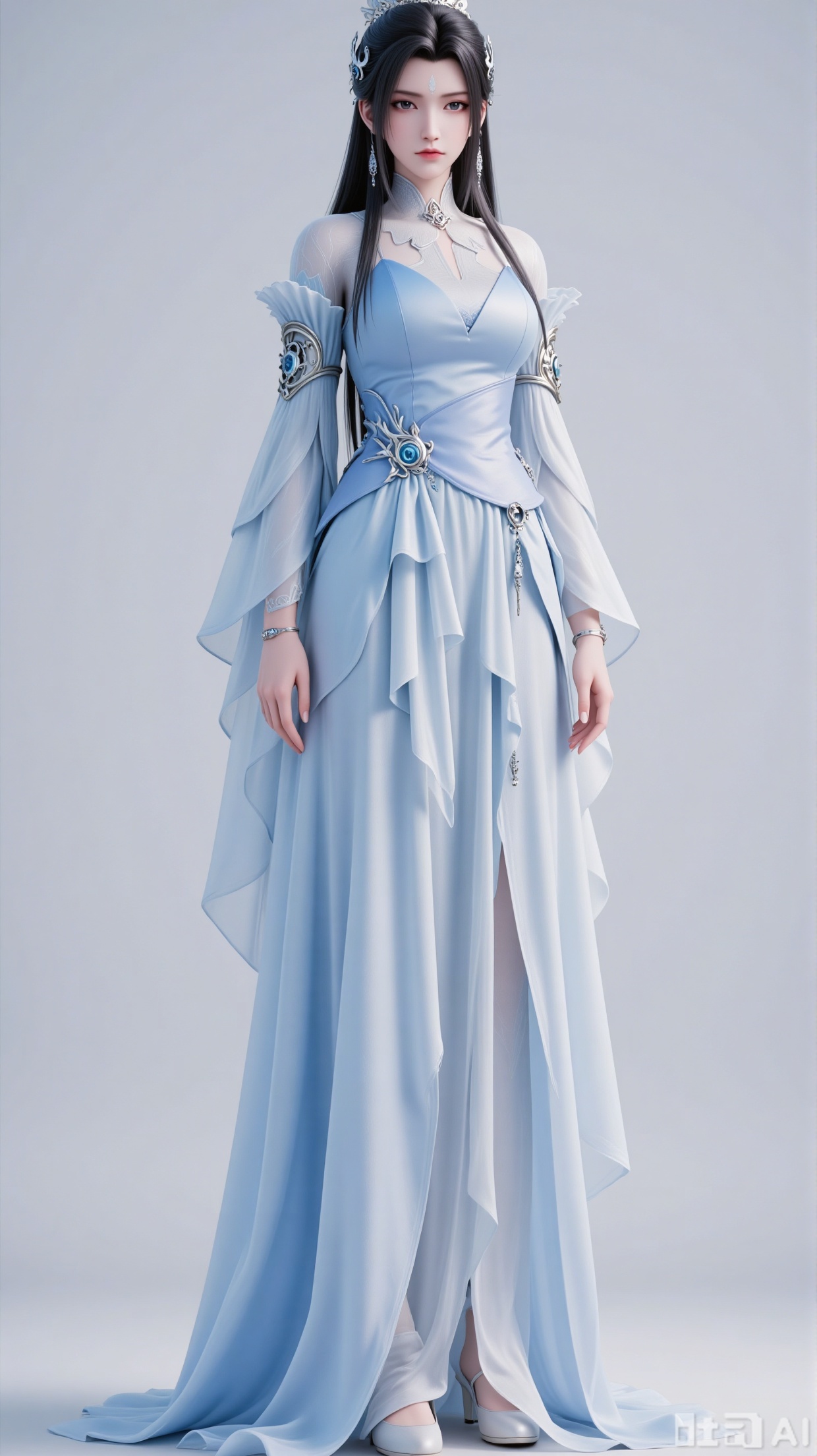 A female character in ancient fantasy and immortal style, wearing a light - blue gradient long dress with a cinched waist. She is matched with an exquisite silver hair crown, necklace, and arm ornaments. She has tulle sleeves, and her long black hair is adorned with simple hair accessories. With a cold and serene makeup look, a mark on the forehead, and deep - blue eyes, she is presented against a simple light - gray background, with a quiet and elegant posture.,3d_character_lxq