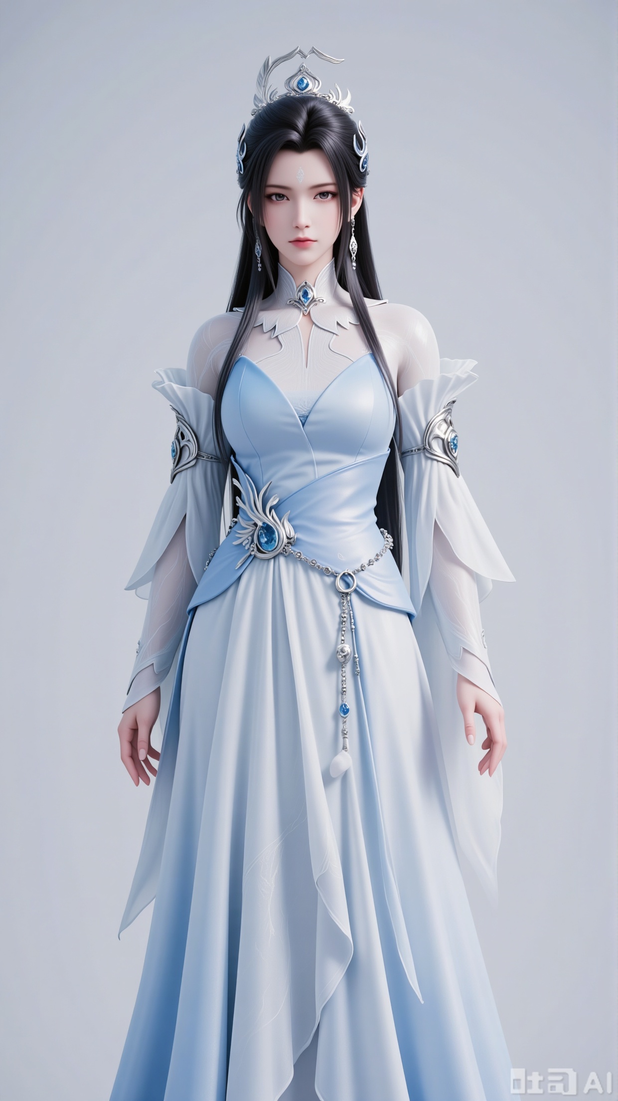 A female character in ancient fantasy and immortal style, wearing a light - blue gradient long dress with a cinched waist. She is matched with an exquisite silver hair crown, necklace, and arm ornaments. She has tulle sleeves, and her long black hair is adorned with simple hair accessories. With a cold and serene makeup look, a mark on the forehead, and deep - blue eyes, she is presented against a simple light - gray background, with a quiet and elegant posture.,3d_character_lxq