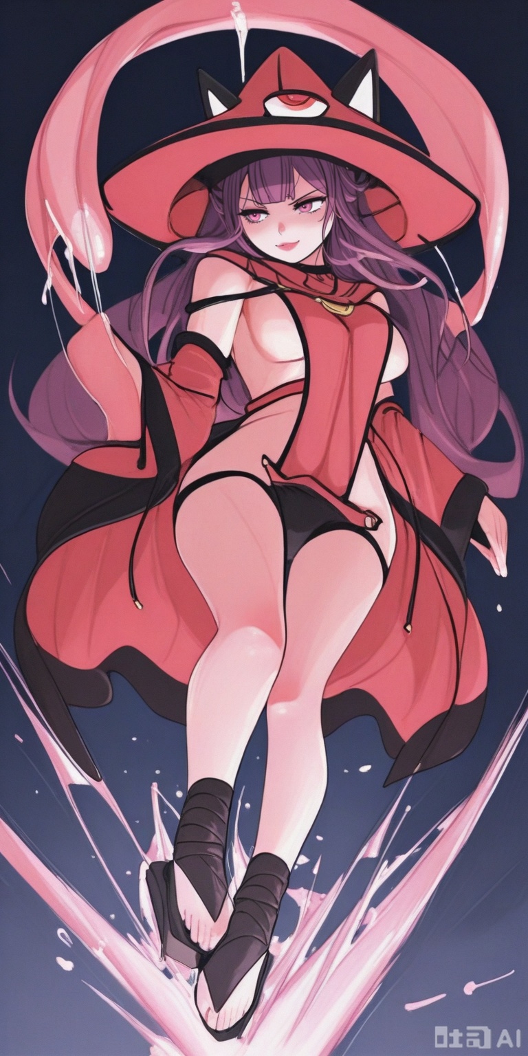 ,close-up,foot focus, 1girl,huge_breasts,looking_at_viewer,tiptoes,fighting_stance,bents knees, long hair,expressive_clothes,slutty clothes,wide_sleeves,reaching arm,barefoot, plasma splatter,Energy Blast,slashing,,masterpiece, best quality, absurdres, newest, very aesthetic, amazing quality,highres,sensitive,hyper detailed, (dynamic pose:1.4)karakasaobakemge, karakasa obake,karakasa obake, monster girl, oil-paper umbrella, large tongue, extra tongue, umbrella tongue, saliva trail,karakasaobakemge, long hair, purple hair, brown eyes, red umbrella,sideless outfit, red cape, tengu-geta, ankle wrap, vrist cuffs