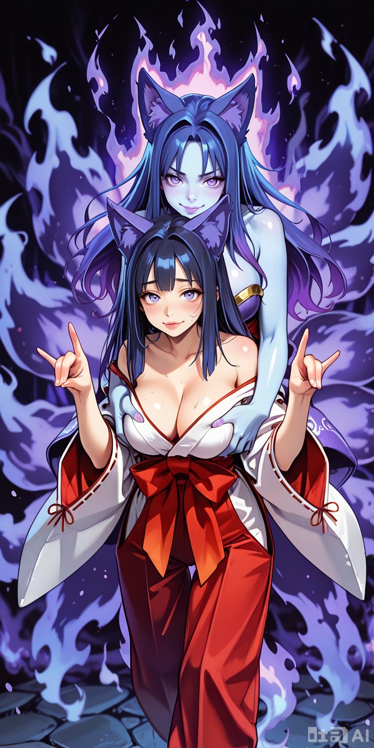 masterpiece, best quality, amazing quality, absurdres, perfect face, vibrant, depth of field, 2girls, duo, 20yo, yuri, kitsunebimge, animal ears, blue skin, multiple tails, fox tail, double fox shadow puppet, blue hair, nude, colored skin, monster girl, long hair, thigh gap, purple eyes, purple fox ears, purple fire, spirit, see-through tail, see-through ears, purple tails, purple skin, purple hair.ghost tail, no feet, hair intakes, sidelocks, fiery hair, ghost, see-through body, kitsunetsukimge, long hair, japanese clothes, black hair, fox shadow puppet, clothes falling off, sagging pants, see-through tail, ribbons, bangs, possessed, see-through ears, loose clothes, chest bow, miko, purple eyes, large breasts, cleavage, bare shoulders, white thighhighs, purple fox ears, purple fire, purple fox tail, purple aura, blush, sweat, smile. evil smile, glowing eyes, breath, grabbing another's breast, grabbing from behind, dynamic angle, looking at viewer, detailed background, dark background    