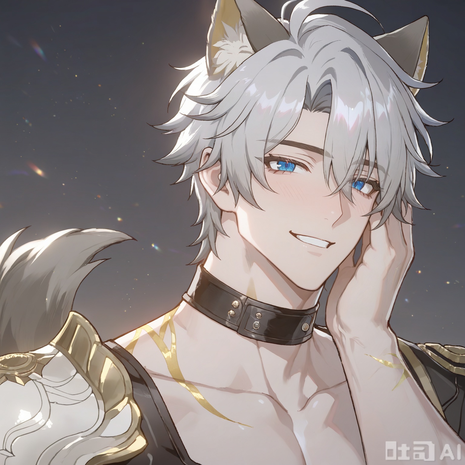 xiao zhi tiao,(artist:mazjojo:0.77),(artist:pigeon666:0.70),(artist:zawar379:0.83),(artist:remsrar:0.65),(artist:chimmyming:0.72),masterpiece,best quality,male focus,hd,4kamazing quality,very aesthetic,bust,high resolution,ultra-detailed,perfect lighting,volumetric lighting,(dark lighting),shadowing,(good shadowing),cinematic lighting,cinematic,shading,shallow,absurdres,newest,scenery,depth of field,1boy,1male,(((solo))),looking at viewer,Silver dog tag masterpiece,((dog ears, dog tail)),((smile, happy, laugh)),
,
BREAK,((muscular male,bara,broad shoulders,(mature:1.3),(a soft, loving gaze:1.3),(looking directly into viewer's eyes:1.2),(slight blush),official alternate costume,
(masculine charisma:1.4),(sensual:1.3),(intimate atmosphere:1.4),plain white background,simple background,(minimalist:1.2),studio shot,from viewer's perspective,(POV:1.2),(portrait:1.2),face_focus,(close-up:1.3),(slight head tilt:1.2),( resting his cheek and jaw in the palm of the viewer's hand:1.4),(holds the viewer's hand against his cheek:1.3),
(background is a clean, solid white, creating a high-fashion, minimalist feel. The atmosphere is stylish, clean, and carries a hint of playful seduction),(full head:1.1),(no cut:1.1),(space above head:1.2))

Warm colors
,
danmei,xiaozhitiao,,Xiaozhitiao,smelly,dianmei,Phainon,white hair,yellow tattoo,choker,black choker,shoulder armor,white jacket,gold trim,blue eyes