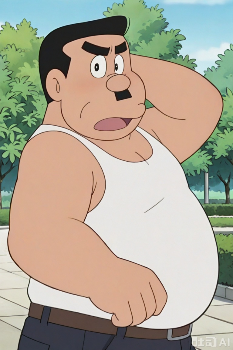 质量词：masterpiece, best quality, safe, amazing quality, very aesthetic, absurdres, highres, newest, HDR, 8K, high detail RAW color art, DSLR shot. 
画风：by Fujiko.F.Fujio, 
人物特征：1man,short hair,facial hair,mustache,fat,fat man,
事件：solo,looking at viewer,open mouth,park,serious expression,white **** top,
walking