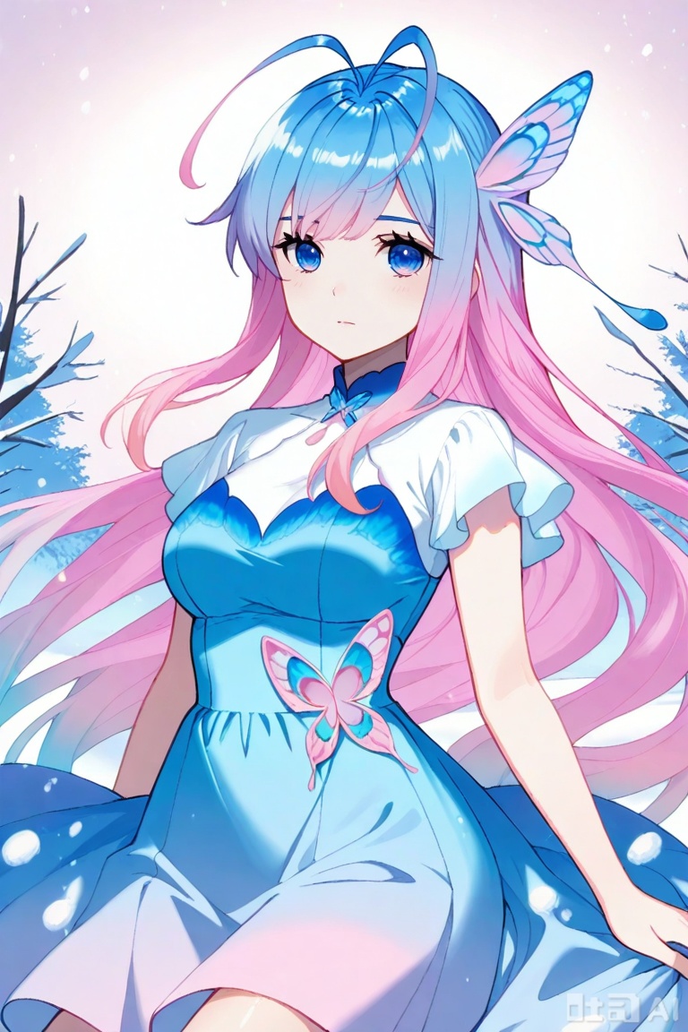 1girl, solo, long hair, breasts, looking at viewer, bangs, blue eyes, hair ornament, dress, closed mouth, blue hair,pink hair, multicolored hair, gradient hair, antenna hair, butterfly hair ornament,唐舞桐,