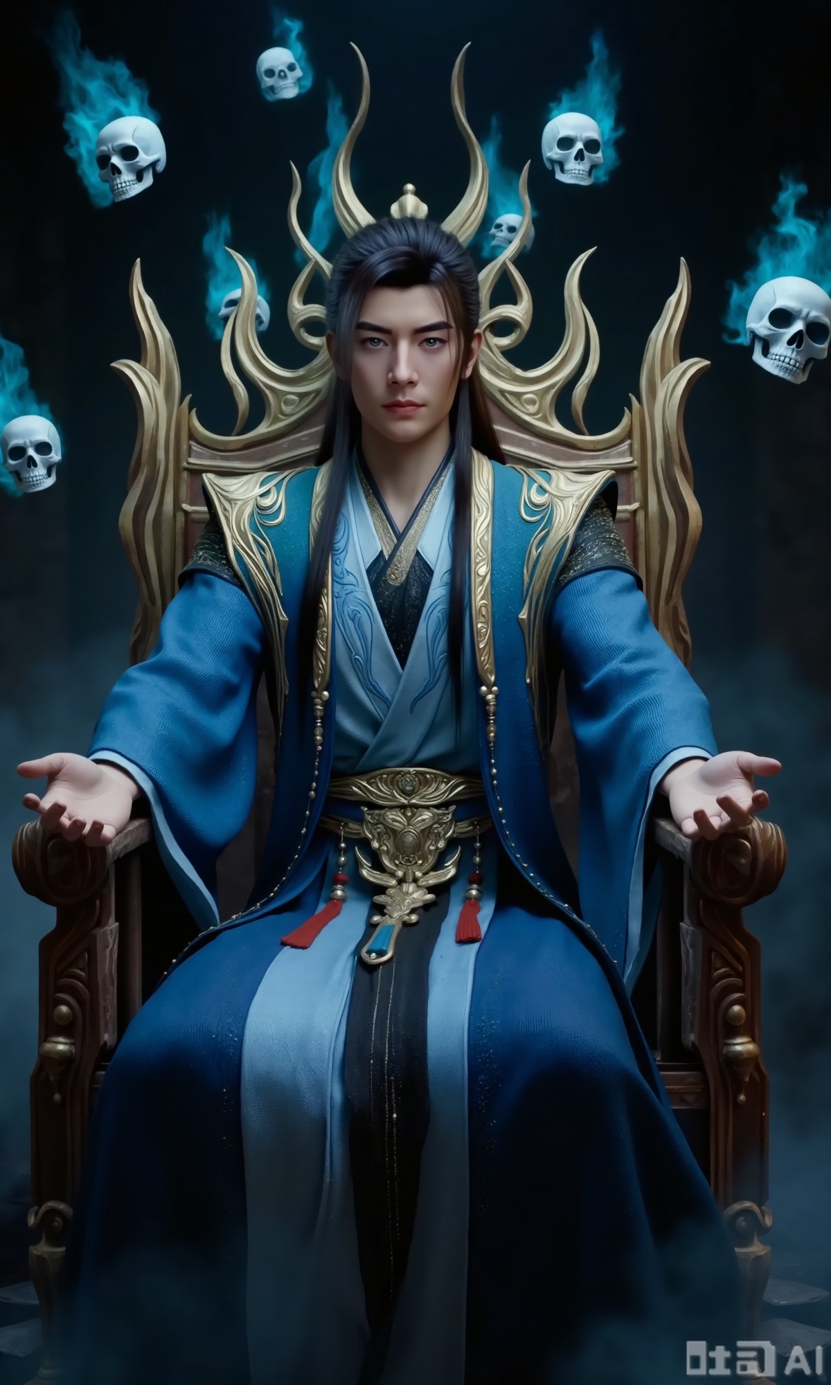 (masterpiece,best quality:1.23), 1boy, The character is dressed in a traditional outfit, consisting of a light blue robe with intricate patterns and a black inner garment featuring a skeletal design. The character has long black hair and striking eyes shadow.The image depicts a regal figure seated on an ornate throne, surrounded by swirling blue flames. The throne is intricately designed with gold accents, and the figure has long black hair. Floating around the figure are several white skulls, adding a mysterious and eerie atmosphere to the scene. The background is dark, enhancing the contrast with the glowing blue flames and the figure's attire.One hand rests on the chin, with a very playful expression, Sitting on a throne made of skulls and swords, with a spooky background,,,Xzhanyihanli,Xhanlaomo,Xhanlizhanyi,Xhanlichangfu,XhanliYY,Xhanliyuanying