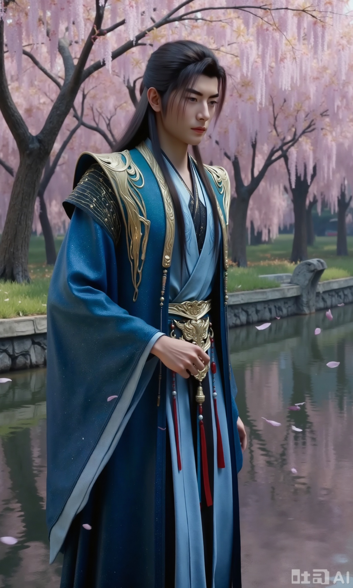 (masterpiece,best quality:1.23), a graceful young man in Hanfu, jet-black long hair, peach blossom forest, lakeside, falling petals, wisteria,Xzhanyihanli,Xhanlaomo,Xhanlizhanyi,Xhanlichangfu,XhanliYY,Xhanliyuanying