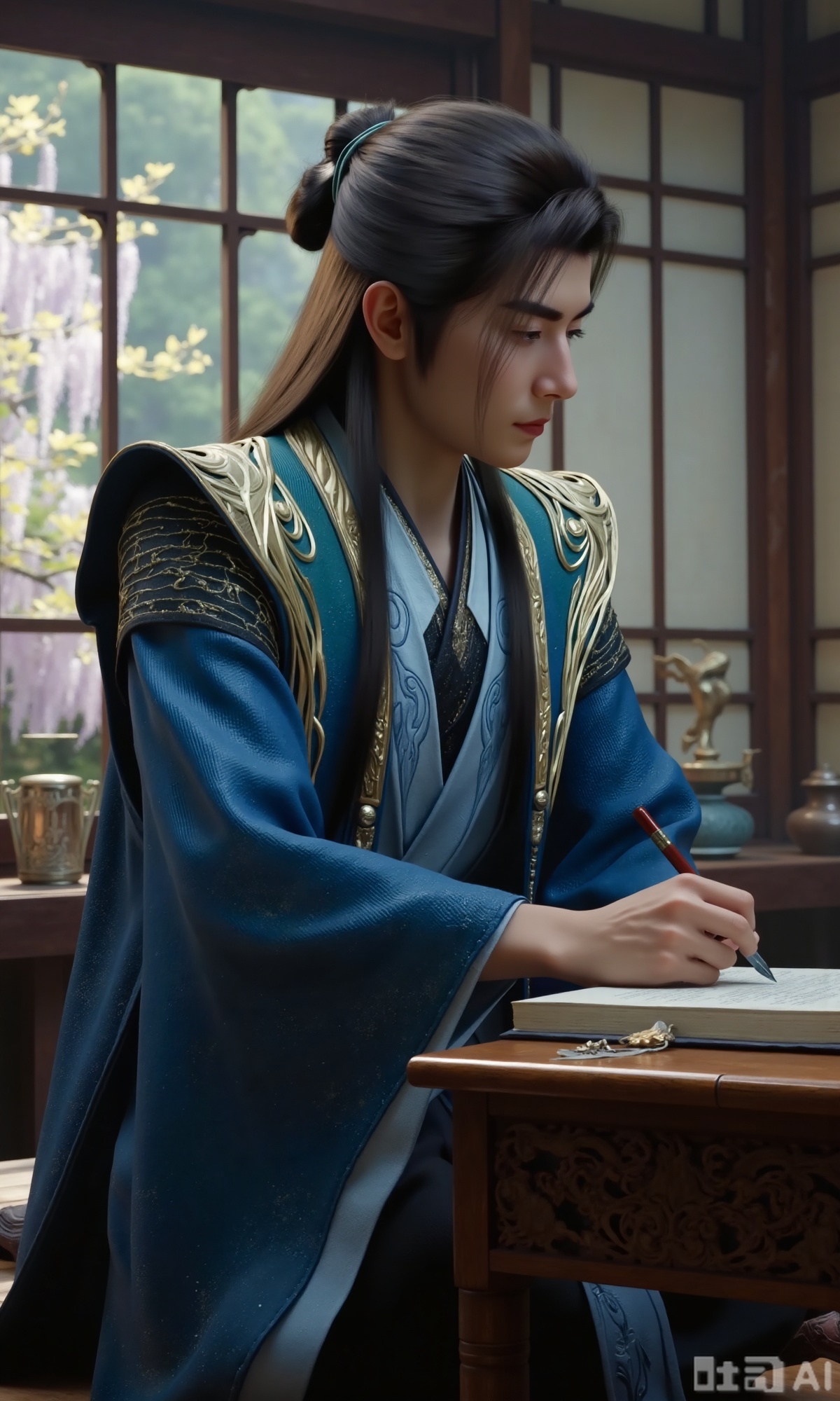 (masterpiece,best quality:1.23),ancient Chinese youth, tall and slender, hanfu, writing with a brush, inside a scholarly study with a wisteria window view, scrolls and books, soft shadows, peaceful atmosphere,,Xzhanyihanli,Xhanlaomo,Xhanlizhanyi,Xhanlichangfu,XhanliYY,Xhanliyuanying