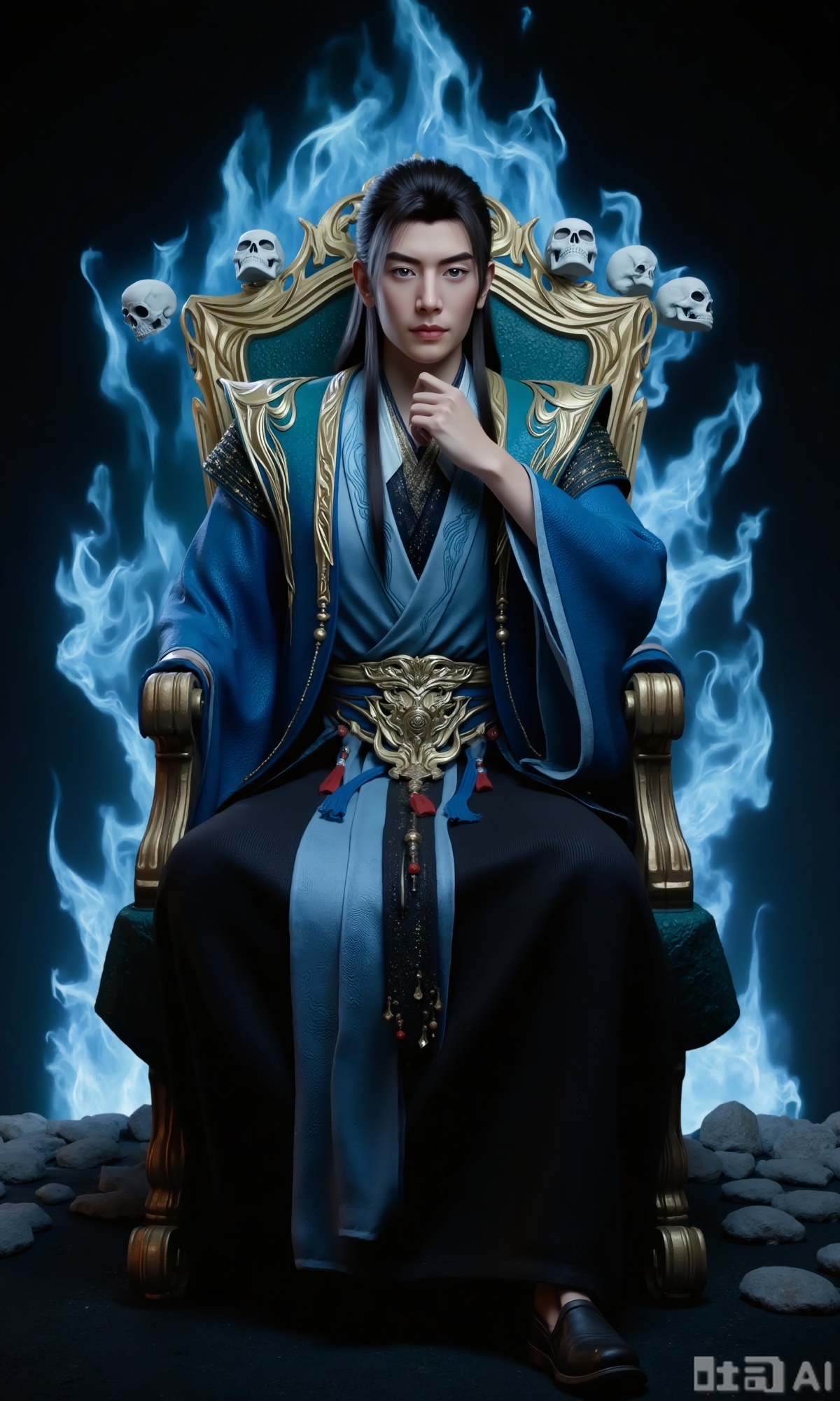 (masterpiece,best quality:1.23), 1boy, The character is dressed in a traditional outfit, consisting of a light blue robe with intricate patterns and a black inner garment featuring a skeletal design. The character has long black hair and striking eyes shadow.The image depicts a regal figure seated on an ornate throne, surrounded by swirling blue flames. The throne is intricately designed with gold accents, and the figure has long black hair. Floating around the figure are several white skulls, adding a mysterious and eerie atmosphere to the scene. The background is dark, enhancing the contrast with the glowing blue flames and the figure's attire.One hand rests on the chin, with a very playful expression, Sitting on a throne made of skulls and swords, with a spooky background,,,Xzhanyihanli,Xhanlaomo,Xhanlizhanyi,Xhanlichangfu,XhanliYY,Xhanliyuanying