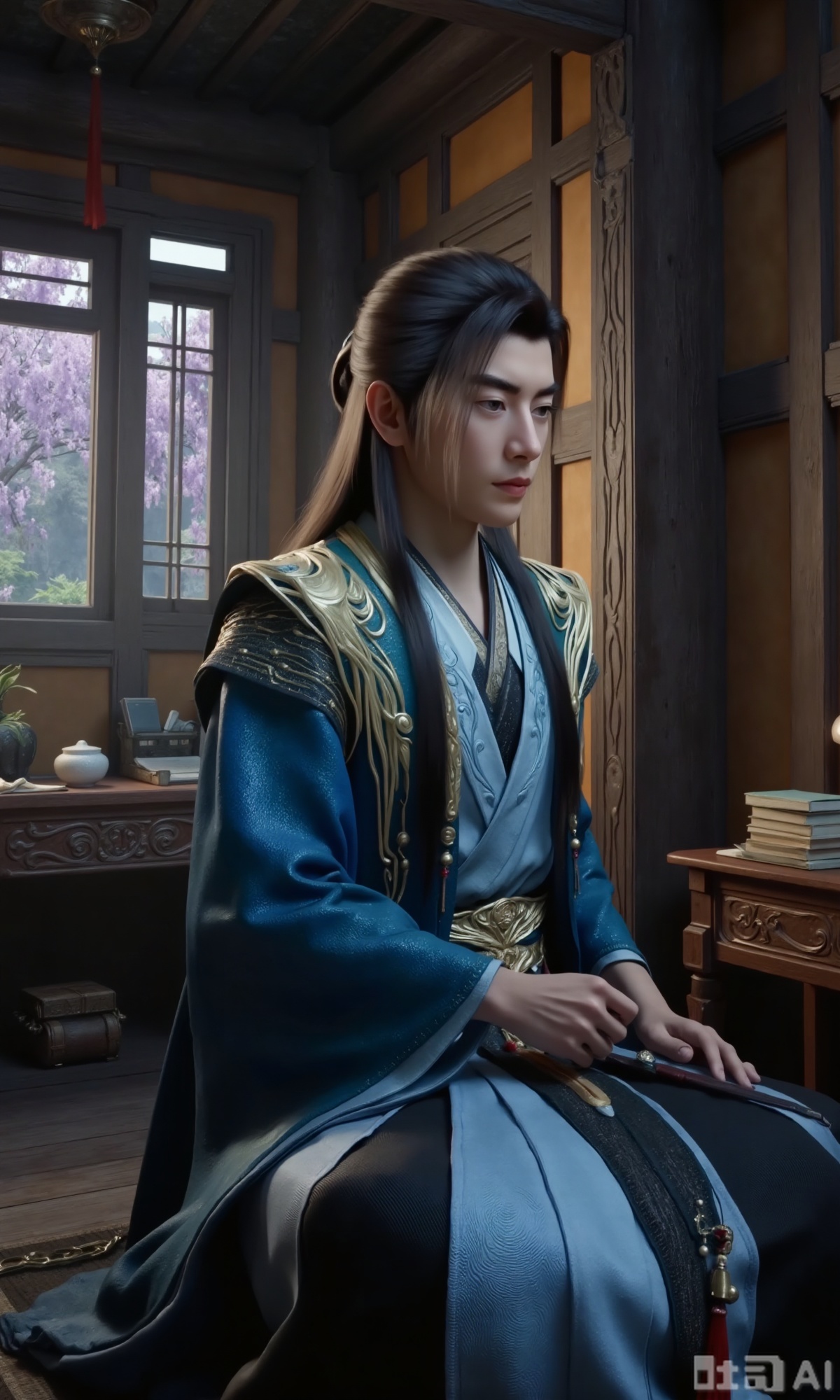 (masterpiece,best quality:1.23),ancient Chinese youth, tall and slender, hanfu, writing with a brush, inside a scholarly study with a wisteria window view, scrolls and books, soft shadows, peaceful atmosphere,,Xzhanyihanli,Xhanlaomo,Xhanlizhanyi,Xhanlichangfu,XhanliYY,Xhanliyuanying