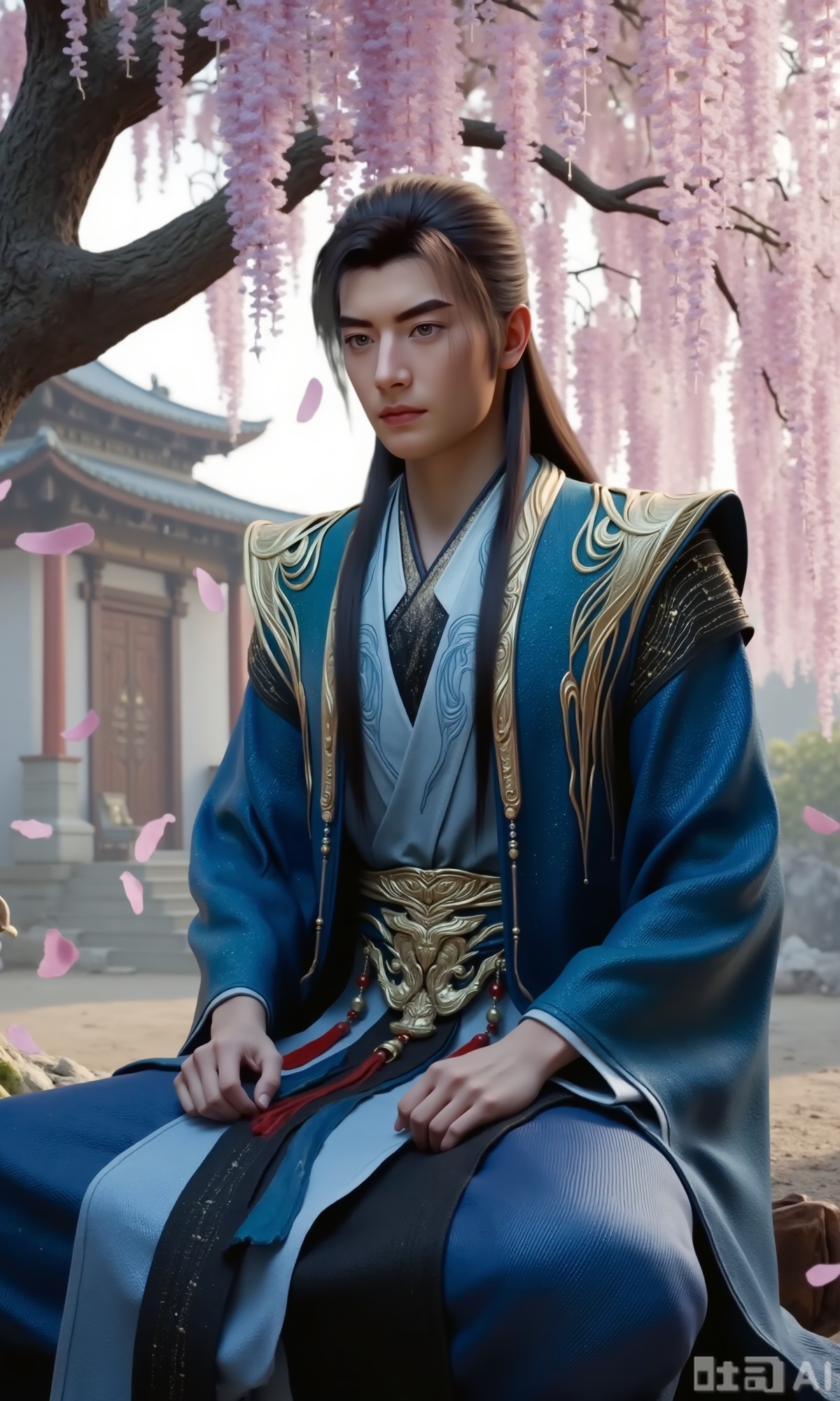 (masterpiece,best quality:1.23),ancient Chinese youth, tall and slender, hanfu, sitting under a cherry blossom tree and wisteria, falling petals, soft focus, out-of-focus background, dreamlike and romantic,,,Xzhanyihanli,Xhanlaomo,Xhanlizhanyi,Xhanlichangfu,XhanliYY,Xhanliyuanying