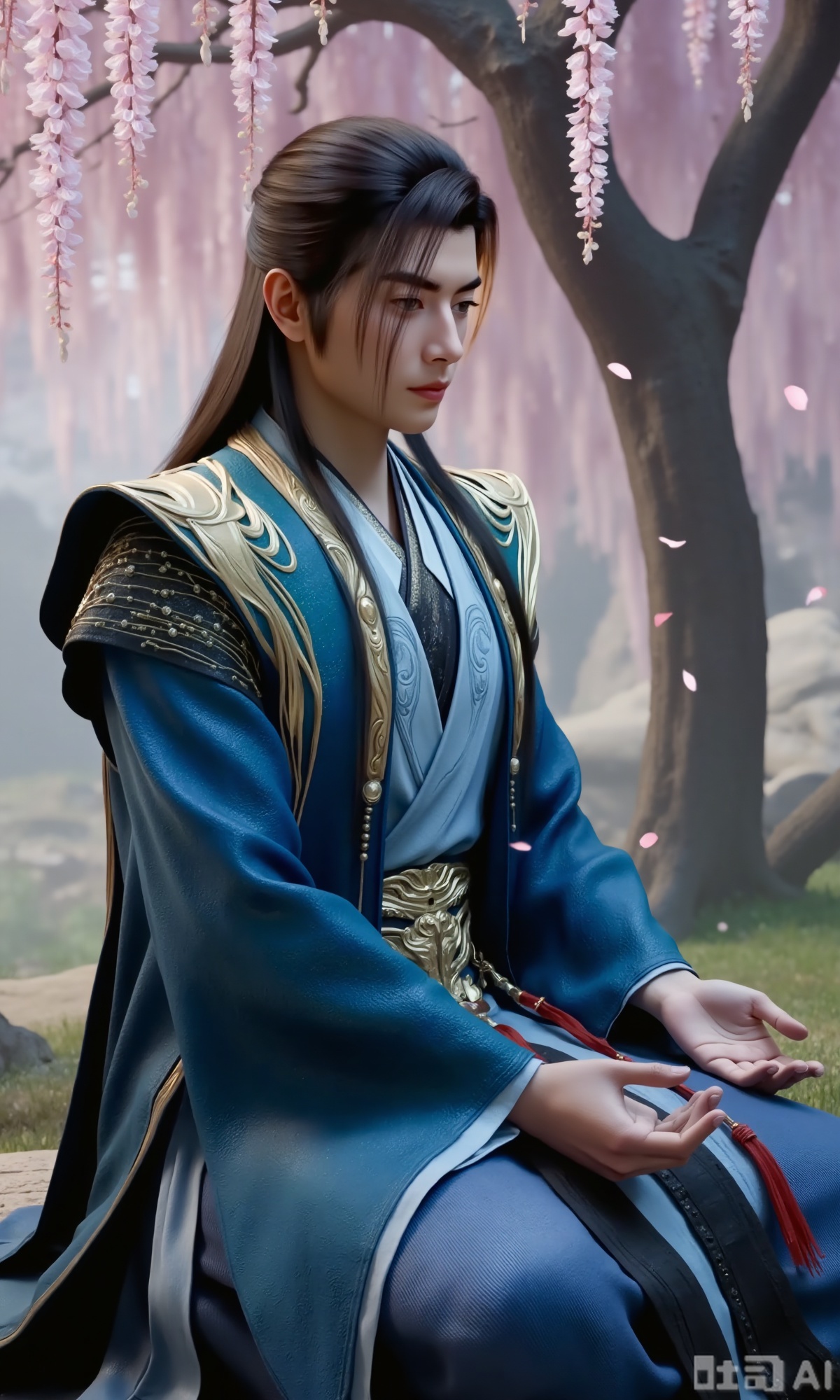 (masterpiece,best quality:1.23),ancient Chinese youth, tall and slender, hanfu, sitting under a cherry blossom tree and wisteria, falling petals, soft focus, out-of-focus background, dreamlike and romantic,,,Xzhanyihanli,Xhanlaomo,Xhanlizhanyi,Xhanlichangfu,XhanliYY,Xhanliyuanying