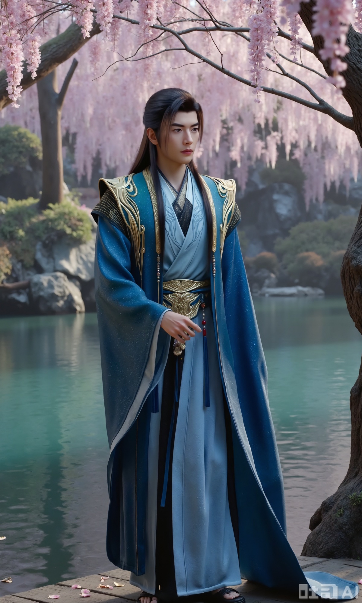 (masterpiece,best quality:1.23), a graceful young man in Hanfu, jet-black long hair, peach blossom forest, lakeside, falling petals, wisteria,Xzhanyihanli,Xhanlaomo,Xhanlizhanyi,Xhanlichangfu,XhanliYY,Xhanliyuanying