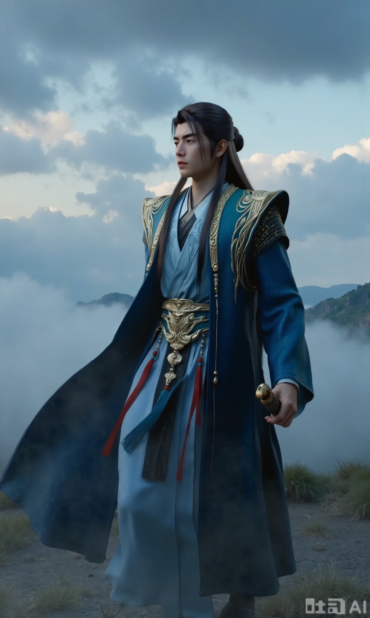 (masterpiece,best quality:1.23), a majestic man in Hanfu, long hair, with a sword, mystical clouds and fog, distant mountains background,,Xzhanyihanli,Xhanlaomo,Xhanlizhanyi,Xhanlichangfu,XhanliYY,Xhanliyuanying