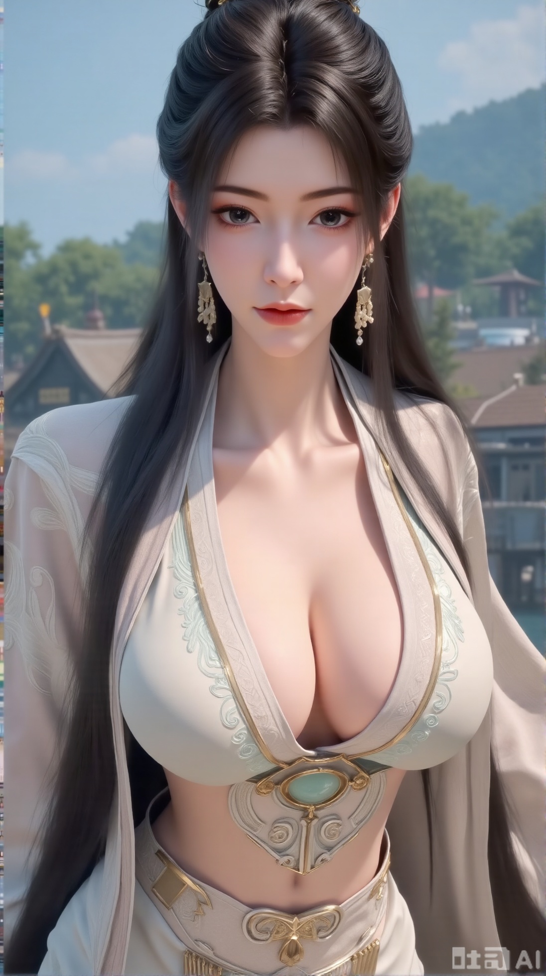  (masterpiece, best quality:1.2),1 girl, solo, long hair, black hair, hair accessories, clothing, cleavage cuts, long dress, jewelry, upper body, earrings. Background is outdoor, sky, clouds, water, trees, architecture, landscape, lantern, mountain, dragon, architecture, bridge, east Asian architecture, fog, pagoda,,(huge breasts:2.99),(full breasts:2.99),Xaili2,XyunxiaoYH5,XlinziyueXZ,XtuliH,Xbigbreasts,XMedusaQueen,Xnanhangzhifu,Xjkgeziqun,Xbingbing,XmupeulingHY3,XhanliYY