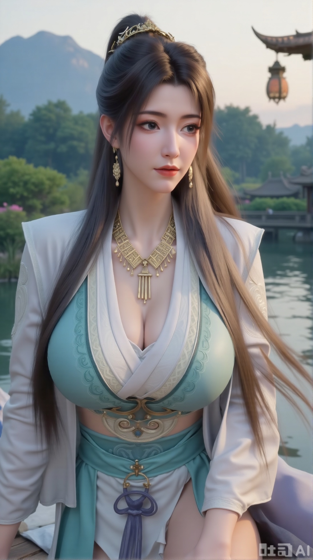  (masterpiece, best quality:1.2),1 girl, solo, long hair, black hair, hair accessories, clothing, cleavage cuts, long dress, jewelry, upper body, earrings. Background is outdoor, sky, clouds, water, trees, architecture, landscape, lantern, mountain, dragon, architecture, bridge, east Asian architecture, fog, pagoda,,(huge breasts:2.99),(full breasts:2.99),Xaili2,XyunxiaoYH5,XlinziyueXZ,XtuliH,Xbigbreasts,XMedusaQueen,Xnanhangzhifu,Xjkgeziqun,Xbingbing,XmupeulingHY3,XhanliYY