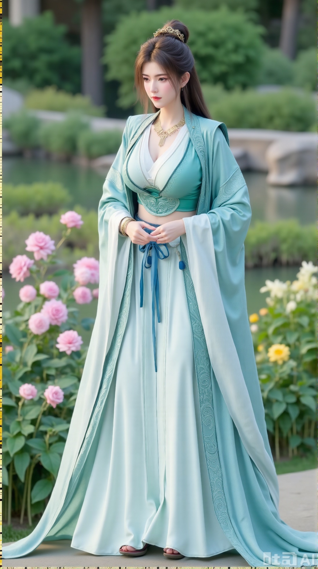 (masterpiece:1.2),best quality,,A woman adorned in traditional Chinese attire,featuring a flowing robe with intricate embroidery and floral accents. A garden filled with pink roses and lush greenery. Soft pastel hues of white,blue,and green,creating a serene atmosphere. Photorealistic photography.,Xaili2,XyunxiaoYH5,XlinziyueXZ,XtuliH,Xbigbreasts,XMedusaQueen,Xnanhangzhifu,Xjkgeziqun,Xbingbing,XmupeulingHY3,XhanliYY