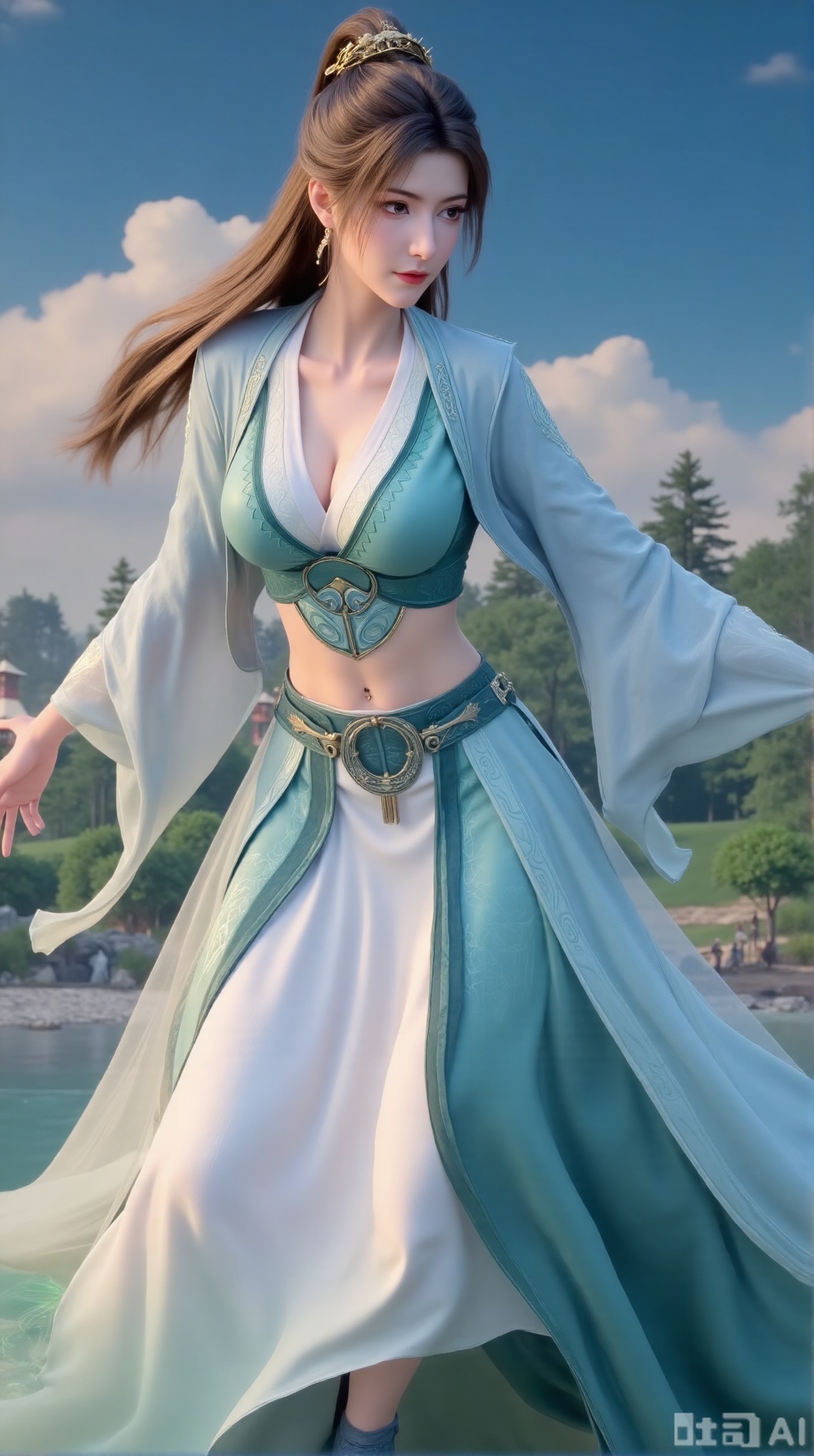 (masterpiece:1.2),best quality,1girl,solo,long hair,long dress,celestial maiden in flowing tulle gown levitates above lotus pond, ethereal mist trails from hair ribbons, mythical Penglai paradise emerges through clouds with glowing pavilions, translucent bioluminescent lotus blooms, flock of cranes gliding over water surface, ultra HD with soft 3D rendering, morning light filters through mist, falling petal rain, intricate details on scale-patterned fabric and lotus veins.(huge breasts:2.99),(full breasts:2.99),Xaili2,XyunxiaoYH5,XlinziyueXZ,XtuliH,Xbigbreasts,XMedusaQueen,Xnanhangzhifu,Xjkgeziqun,Xbingbing,XmupeulingHY3,XhanliYY
