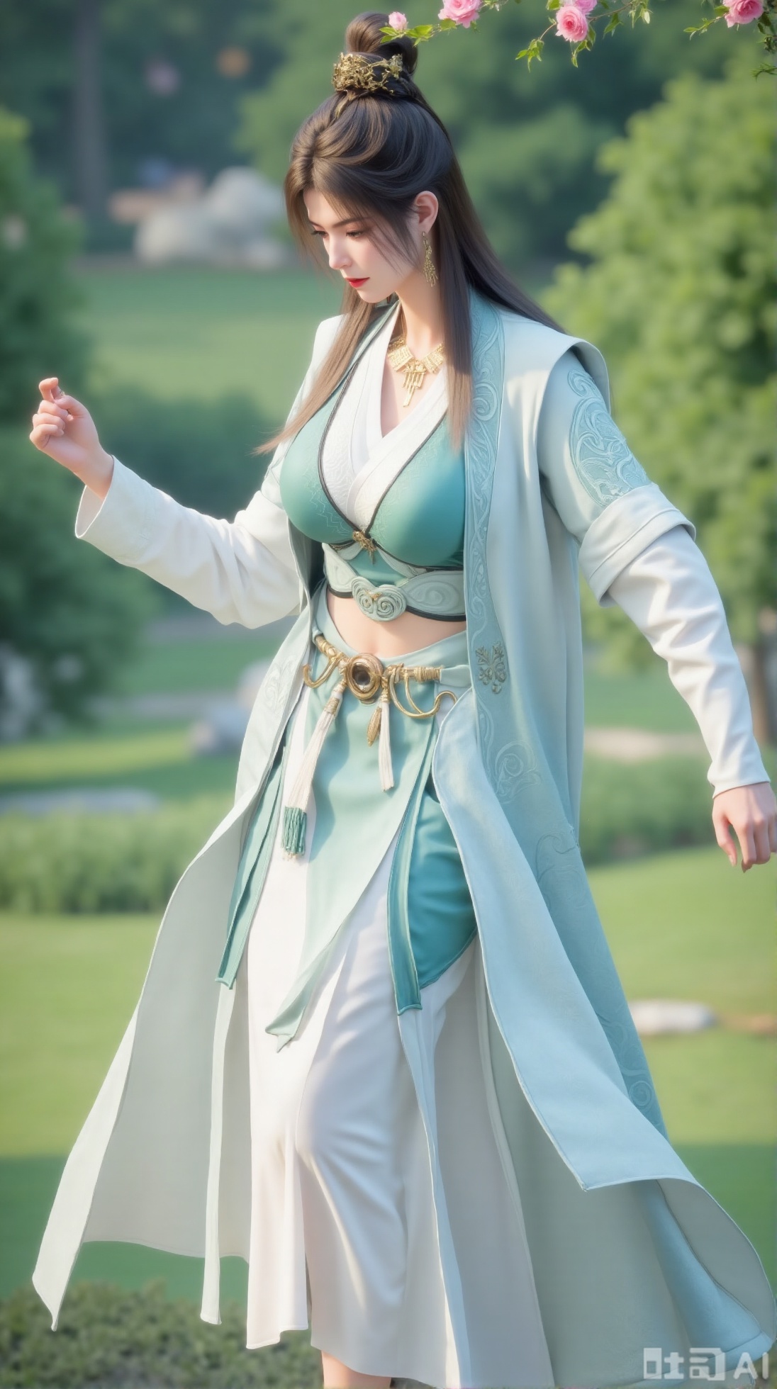 (masterpiece:1.2),best quality,,A woman adorned in traditional Chinese attire,featuring a flowing robe with intricate embroidery and floral accents. A garden filled with pink roses and lush greenery. Soft pastel hues of white,blue,and green,creating a serene atmosphere. Photorealistic photography.,Xaili2,XyunxiaoYH5,XlinziyueXZ,XtuliH,Xbigbreasts,XMedusaQueen,Xnanhangzhifu,Xjkgeziqun,Xbingbing,XmupeulingHY3,XhanliYY