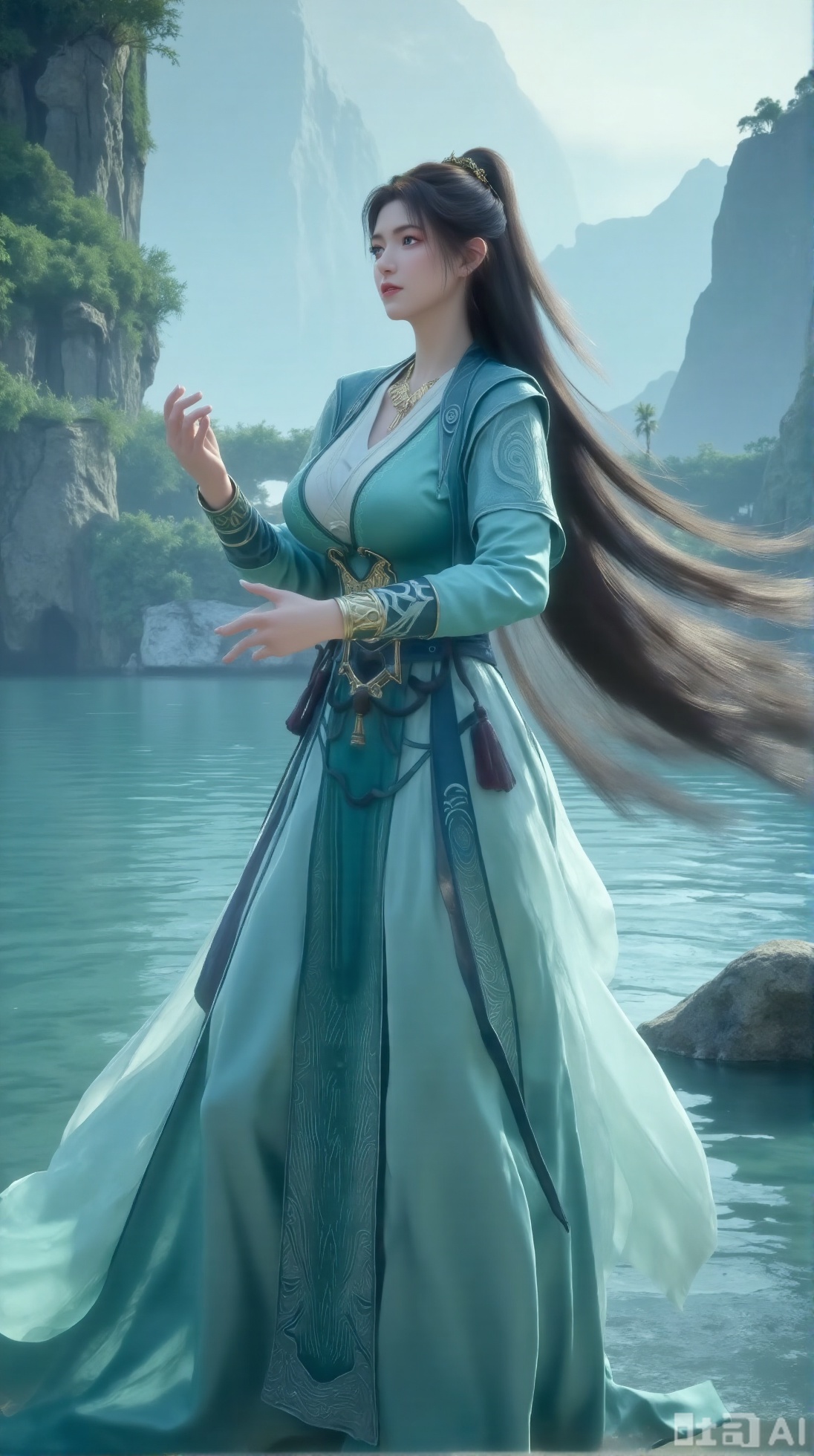 (masterpiece:1.2),best quality,1girl,solo,long hair,long dress,celestial maiden in flowing tulle gown levitates above lotus pond, ethereal mist trails from hair ribbons, mythical Penglai paradise emerges through clouds with glowing pavilions, translucent bioluminescent lotus blooms, flock of cranes gliding over water surface, ultra HD with soft 3D rendering, morning light filters through mist, falling petal rain, intricate details on scale-patterned fabric and lotus veins.(huge breasts:2.99),(full breasts:2.99),Xaili2,XyunxiaoYH5,XlinziyueXZ,XtuliH,Xbigbreasts,XMedusaQueen,Xnanhangzhifu,Xjkgeziqun,Xbingbing,XmupeulingHY3,XhanliYY