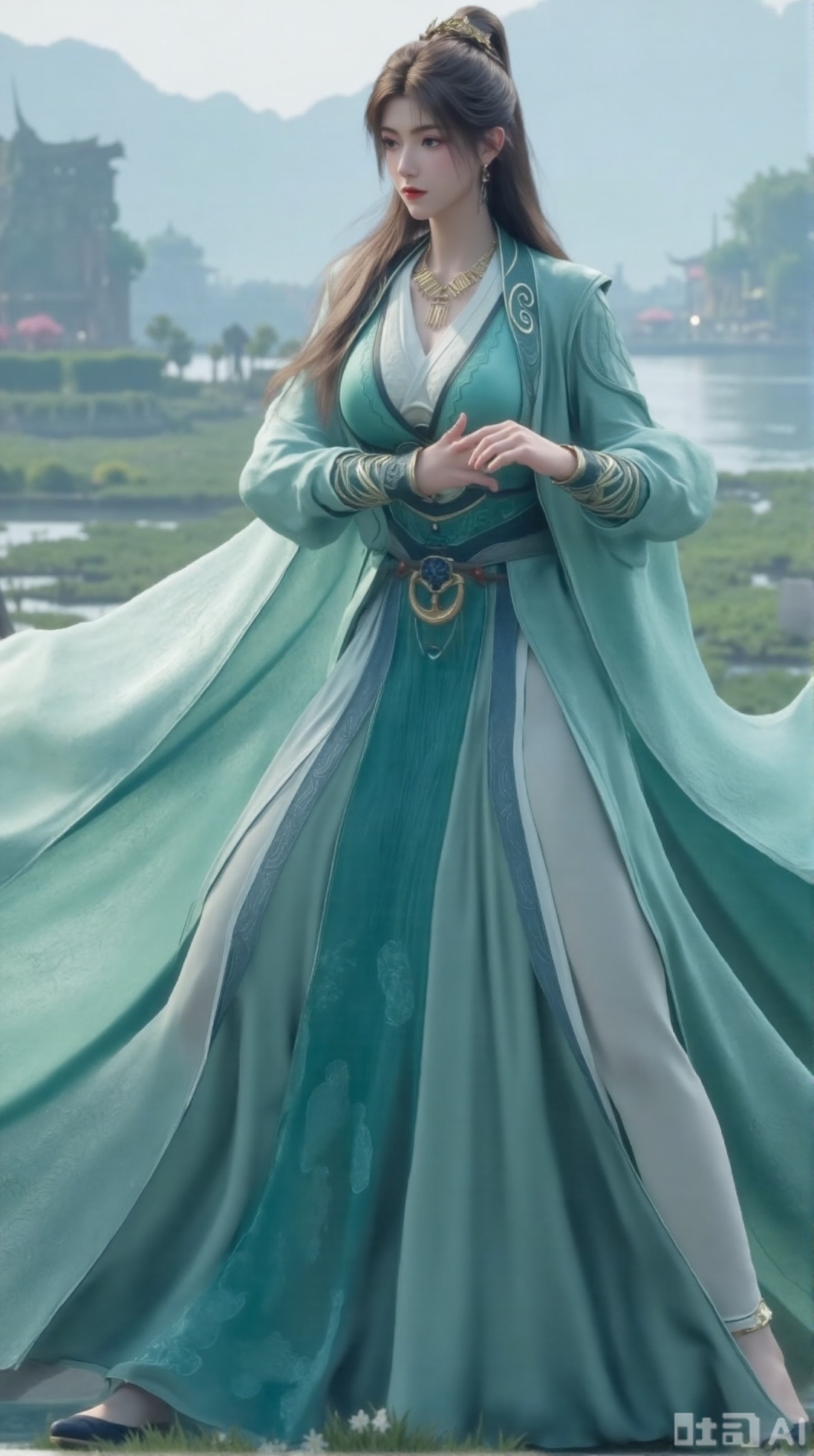 (masterpiece:1.2),best quality,1girl,solo,long hair,long dress,celestial maiden in flowing tulle gown levitates above lotus pond, ethereal mist trails from hair ribbons, mythical Penglai paradise emerges through clouds with glowing pavilions, translucent bioluminescent lotus blooms, flock of cranes gliding over water surface, ultra HD with soft 3D rendering, morning light filters through mist, falling petal rain, intricate details on scale-patterned fabric and lotus veins.(huge breasts:2.99),(full breasts:2.99),Xaili2,XyunxiaoYH5,XlinziyueXZ,XtuliH,Xbigbreasts,XMedusaQueen,Xnanhangzhifu,Xjkgeziqun,Xbingbing,XmupeulingHY3,XhanliYY