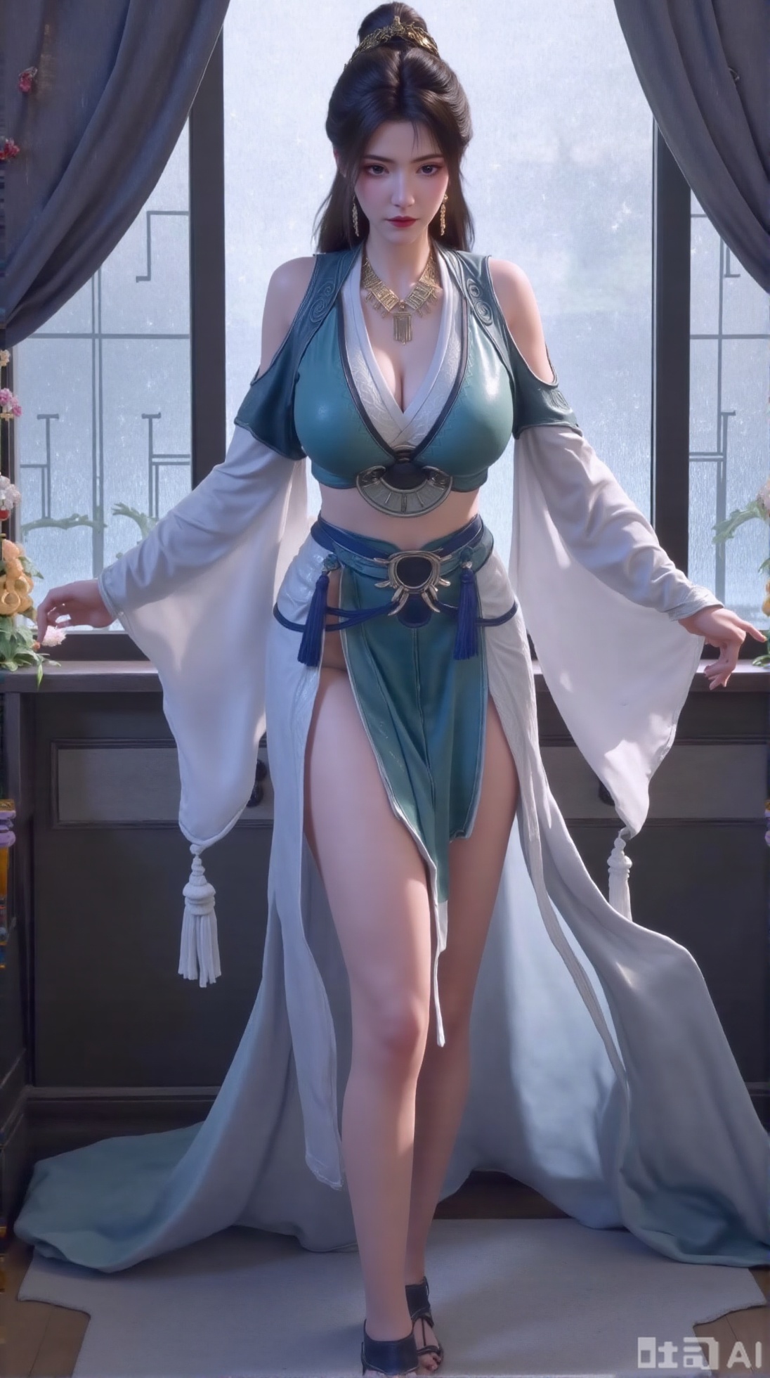  (masterpiece:1.2),Ultra clear, 8k, 1girl, solo, long hair, looking at viewer, bangs,long dress,, bare shoulders, jewelry, black hair, standing, purple eyes, full body, flower, thighs, indoors, hair bun, long dress, high heels, see-through, book, bare legs, window, table, footwear, standing on one leg, curtains,rose, flower, side slit, vase,,,(huge breasts:2.99),(full breasts:2.99),,Xaili2,XyunxiaoYH5,XlinziyueXZ,XtuliH,Xbigbreasts,XMedusaQueen,Xnanhangzhifu,Xjkgeziqun,Xbingbing,XmupeulingHY3,XhanliYY