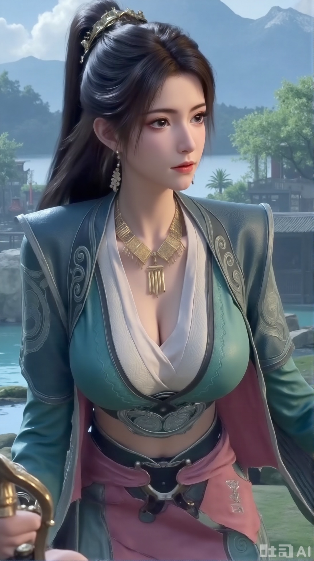 (masterpiece, best quality:1.2),1 girl, solo, long hair, black hair, hair accessories, clothing, cleavage cuts, long dress, jewelry, upper body, earrings. Background is outdoor, sky, clouds, water, trees, architecture, landscape, lantern, mountain, dragon, architecture, bridge, east Asian architecture, fog, pagoda,,(huge breasts:2.99),(full breasts:2.99),,,Xaili2,XyunxiaoYH5,XlinziyueXZ,XtuliH,Xbigbreasts,XMedusaQueen,Xnanhangzhifu,Xjkgeziqun,Xbingbing,XmupeulingHY3,XhanliYY