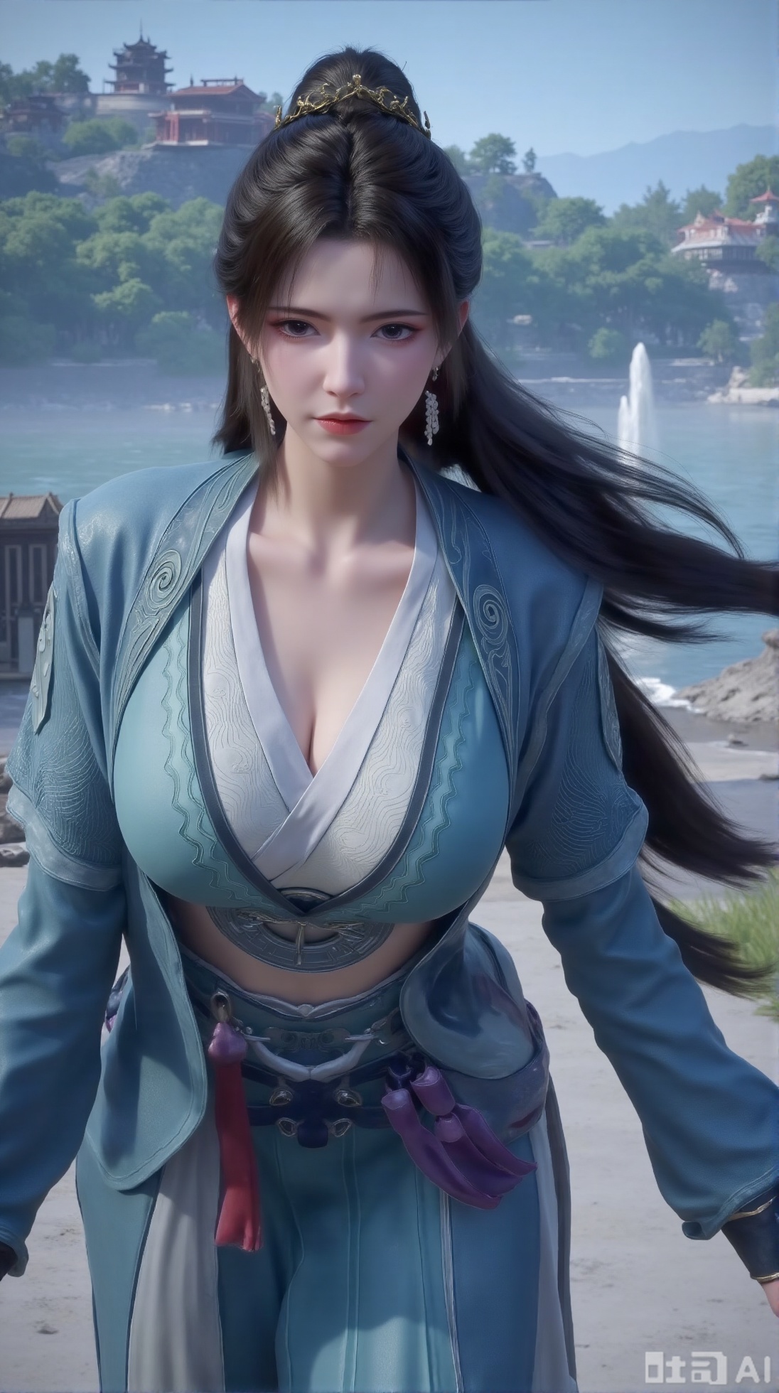 (masterpiece, best quality:1.2),1 girl, solo, long hair, black hair, hair accessories, clothing, cleavage cuts, long dress, jewelry, upper body, earrings. Background is outdoor, sky, clouds, water, trees, architecture, landscape, lantern, mountain, dragon, architecture, bridge, east Asian architecture, fog, pagoda,,(huge breasts:2.99),(full breasts:2.99),,,Xaili2,XyunxiaoYH5,XlinziyueXZ,XtuliH,Xbigbreasts,XMedusaQueen,Xnanhangzhifu,Xjkgeziqun,Xbingbing,XmupeulingHY3,XhanliYY