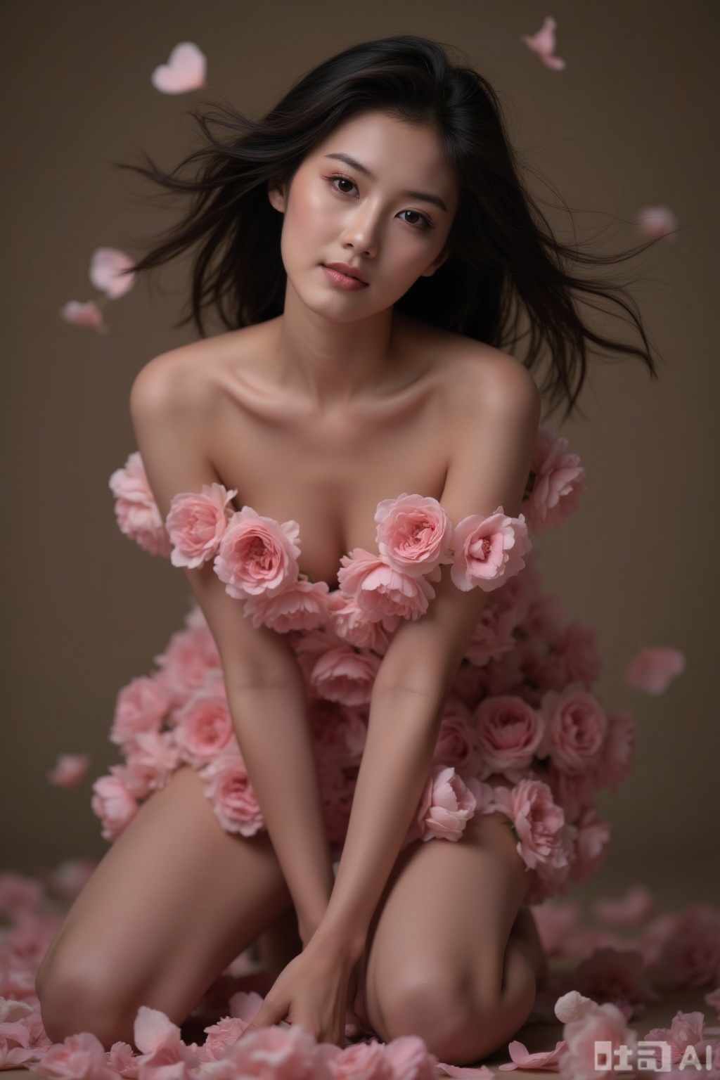 Woman with long hair fluttering, body decorated with flowers,leaning forward pose, petals falling.