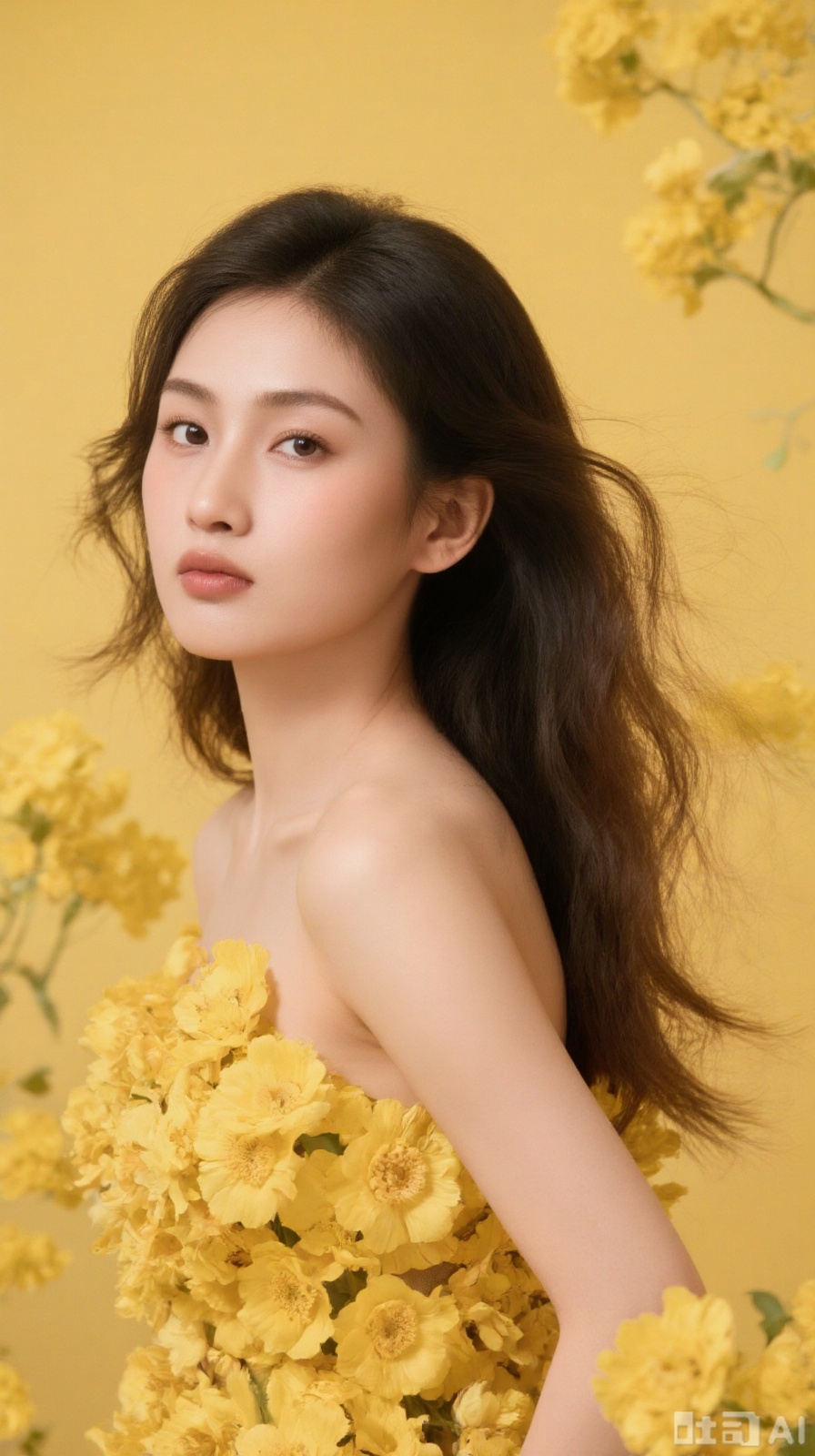 Woman sideways, long hair flowing, body decorated with yellow flowers, bright yellow background, surrounded by flower clusters.